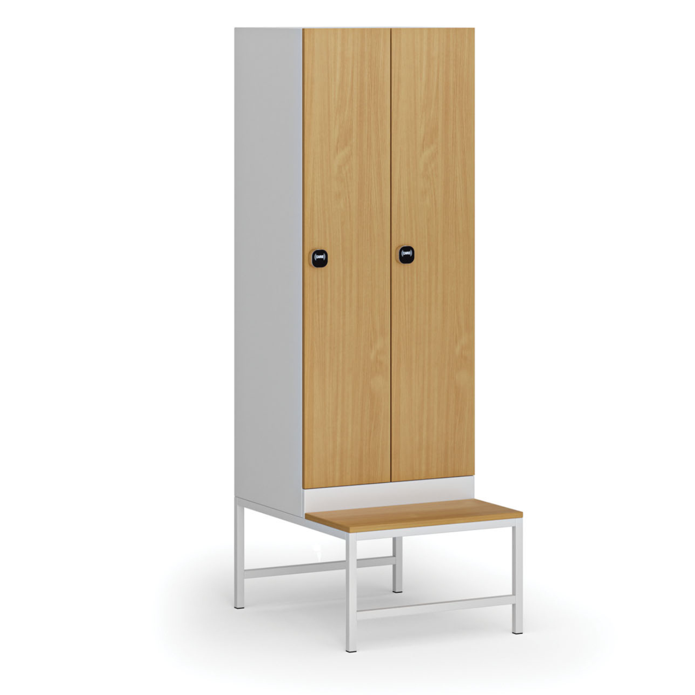Fotografia produktu: Šatníková skrinka S1 s lavičkou, 2 oddiely, 1875 x 600 x 500/800 mm, zámok s čítačkou RFID kariet, laminované dvere, buk
