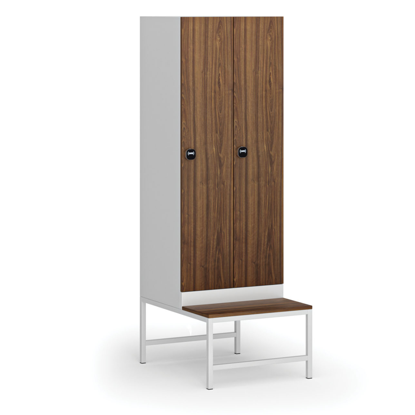 Fotografia produktu: Šatníková skrinka S1 s lavičkou, 2 oddiely, 1875 x 600 x 500/800 mm, zámok s čítačkou RFID kariet, laminované dvere, orech