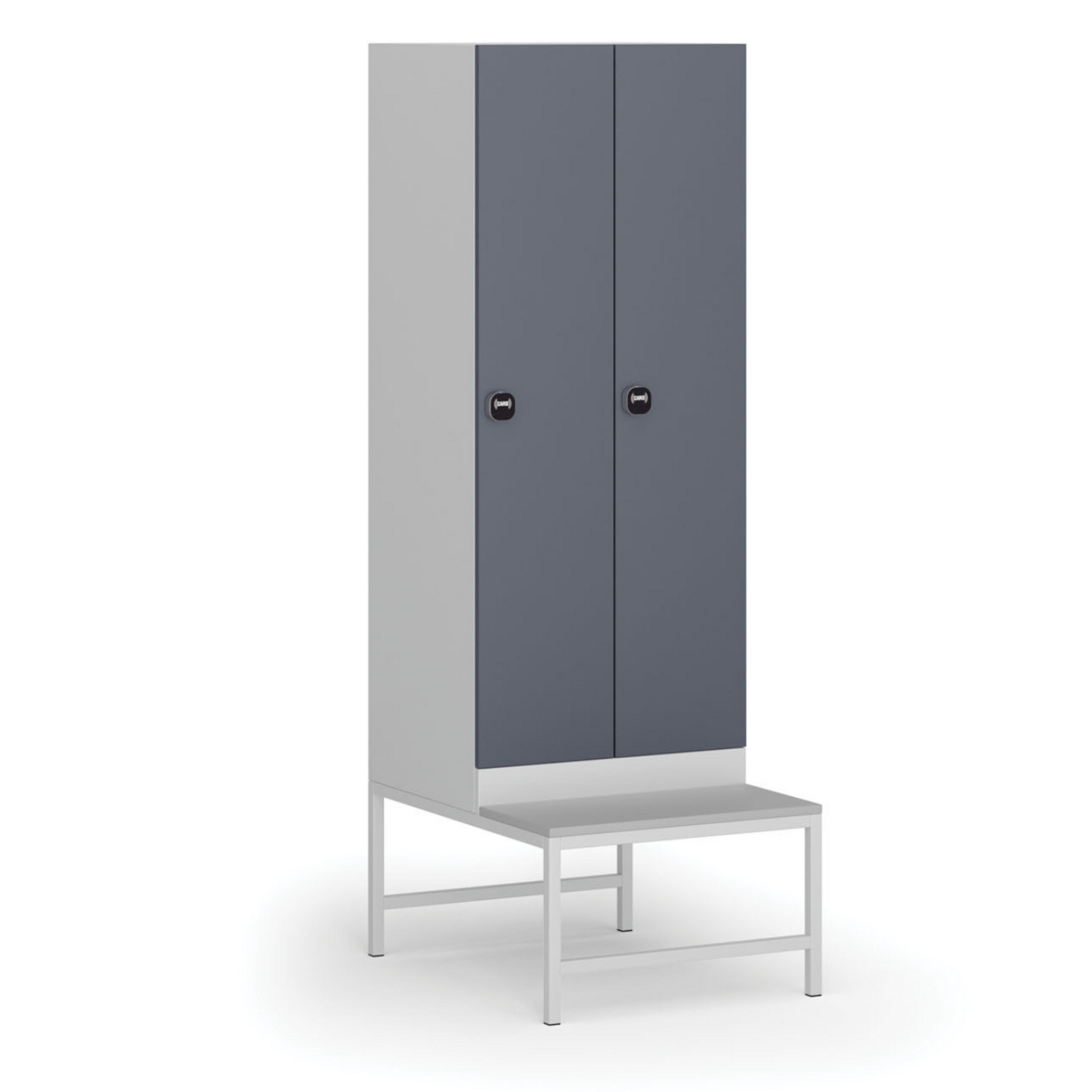 Šatníková skrinka S1 s lavičkou, 2 oddiely, 1875 x 600 x 500/800 mm, zámok s čítačkou RFID kariet