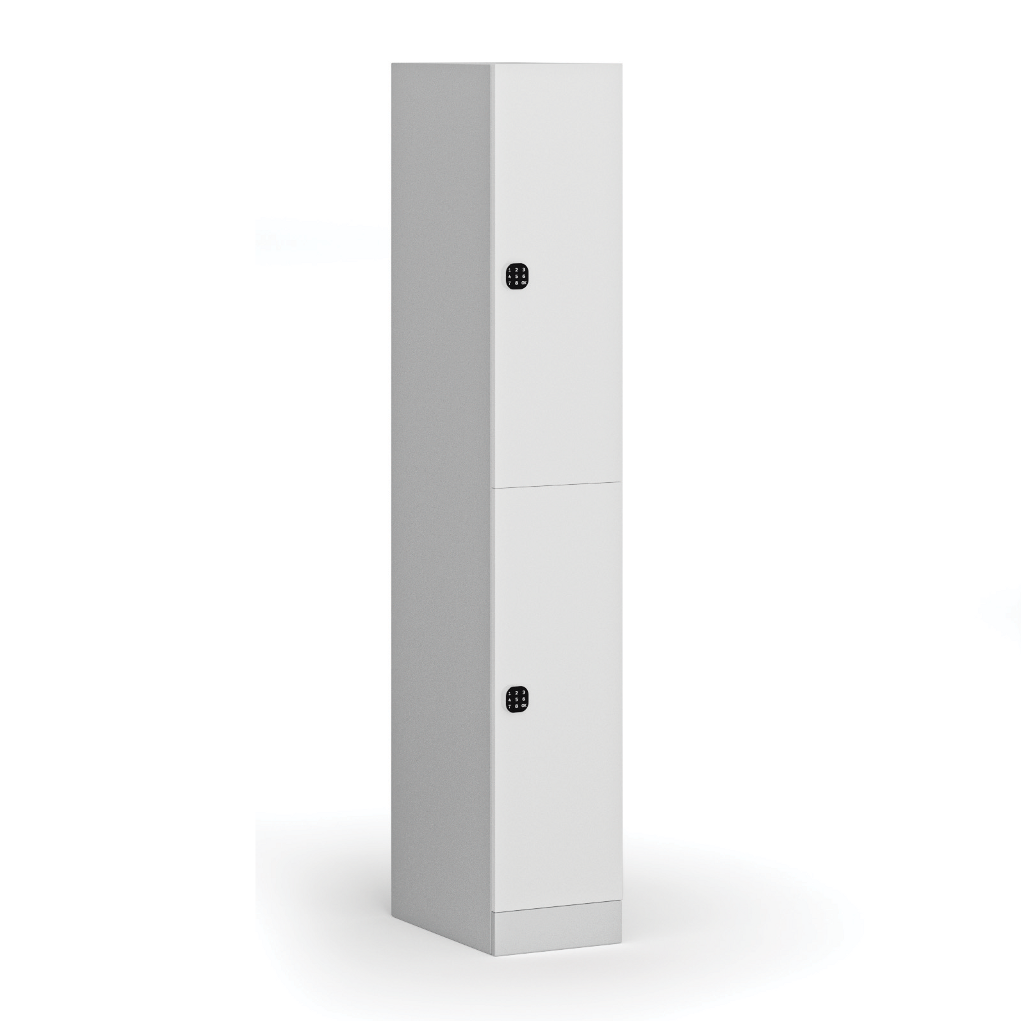 Šatníková skrinka S1 s úložnými boxmi, 2 boxy, 1850 x 300 x 500 mm, demont, kódový zámok, laminované dvere, biela