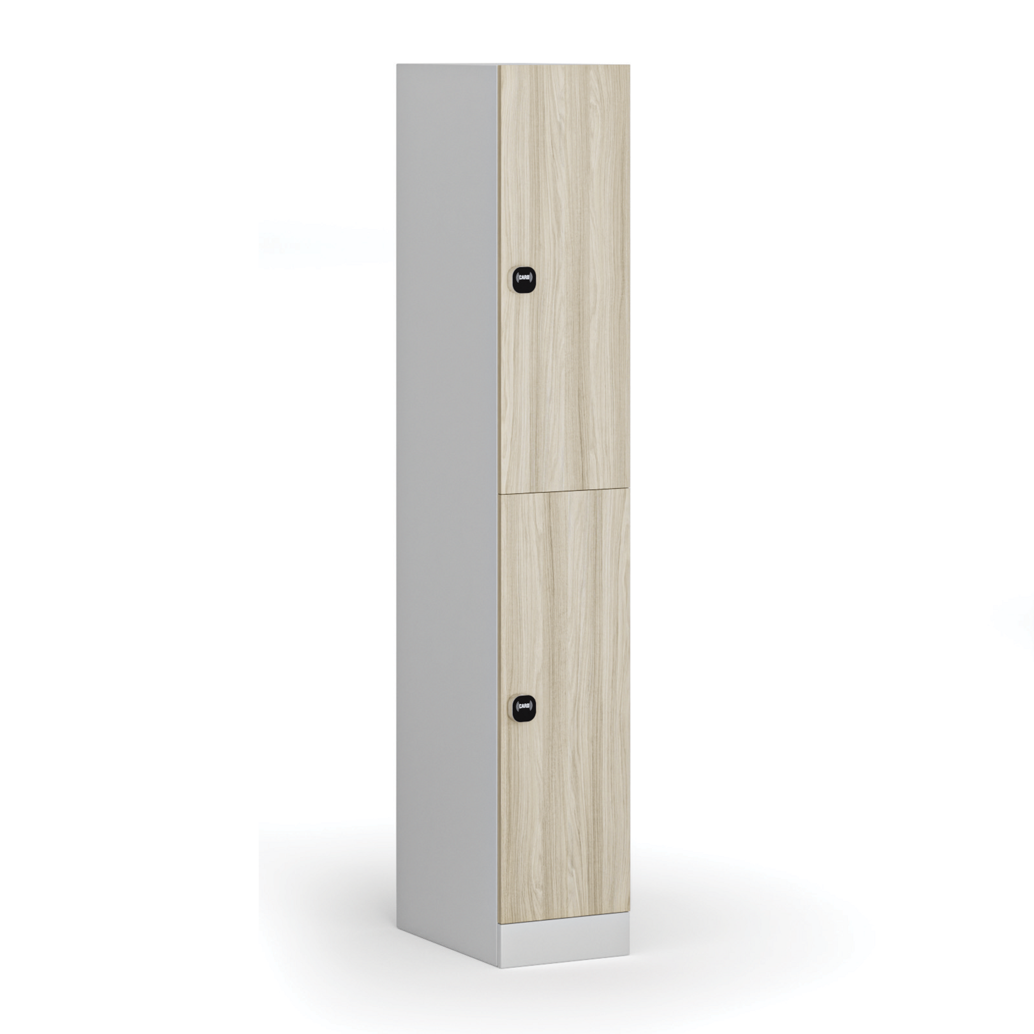 Šatníková skrinka S1 s úložnými boxmi, 2 boxy, 1850 x 300 x 500 mm, demont, zámok s čítačkou RFID kariet, laminované dvere, dub prírodný