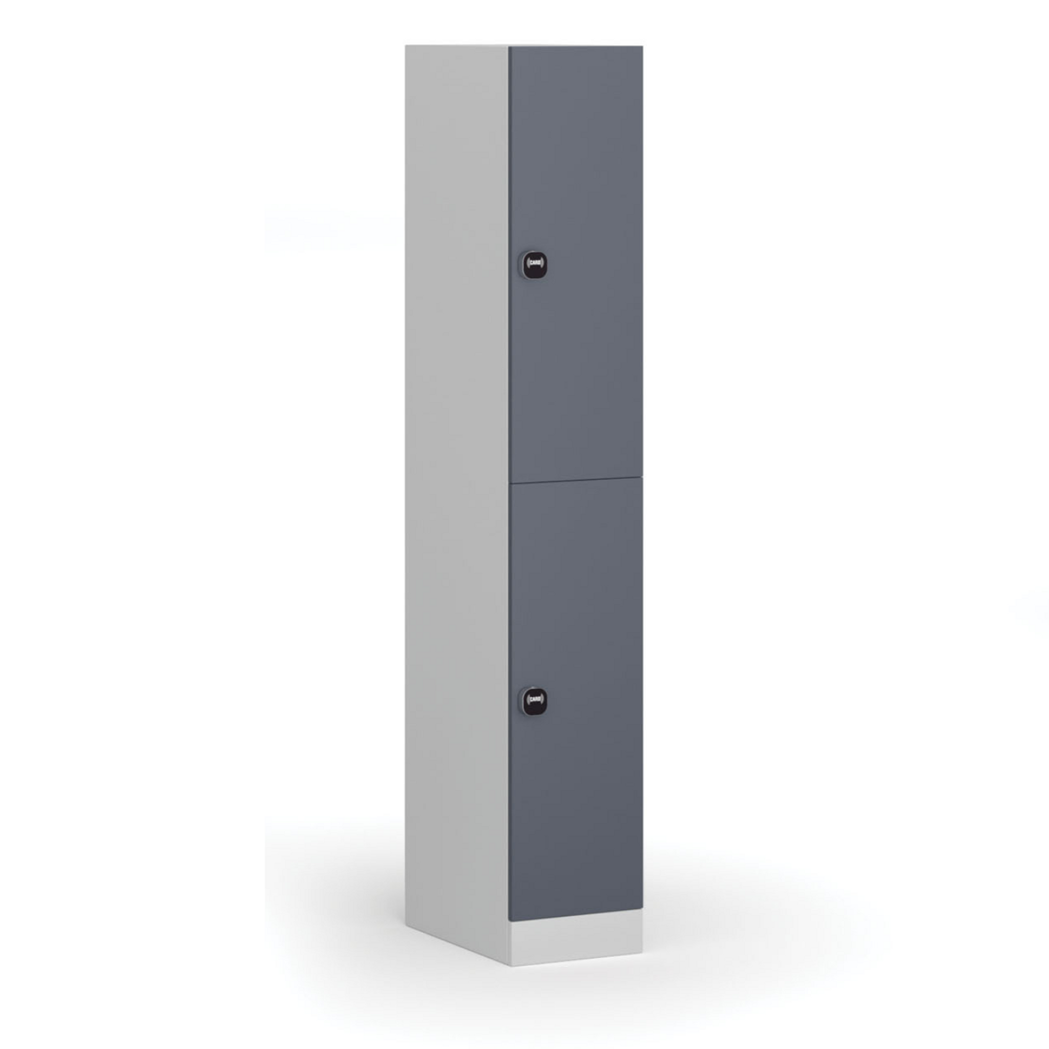 Šatníková skrinka S1 s úložnými boxmi, 2 boxy, 1850 x 300 x 500 mm, zámok s čítačkou RFID kariet, tmavosivé dvere