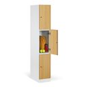 Šatníková skrinka S1 s úložnými boxmi, 3 boxy, 1850 x 300 x 500 mm, demont, cylindrický zámok, laminované dvere, dub prírodný