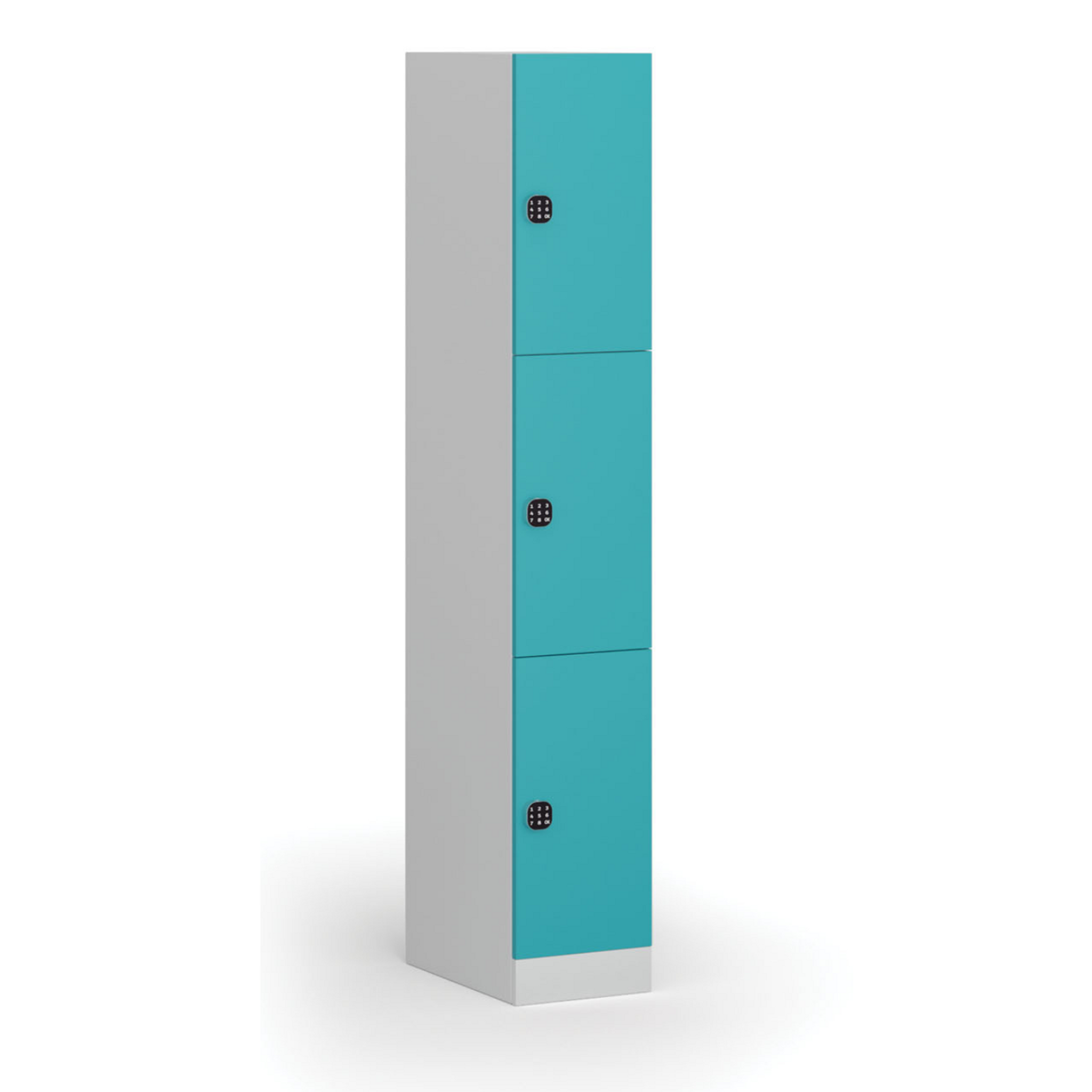 Šatníková skrinka S1 s úložnými boxmi, 3 boxy, 1850 x 300 x 500 mm, demont, kódový zámok, zelené dvere