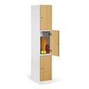 Šatníková skrinka S1 s úložnými boxmi, 3 boxy, 1850 x 300 x 500 mm, kódový zámok, laminované dvere, buk