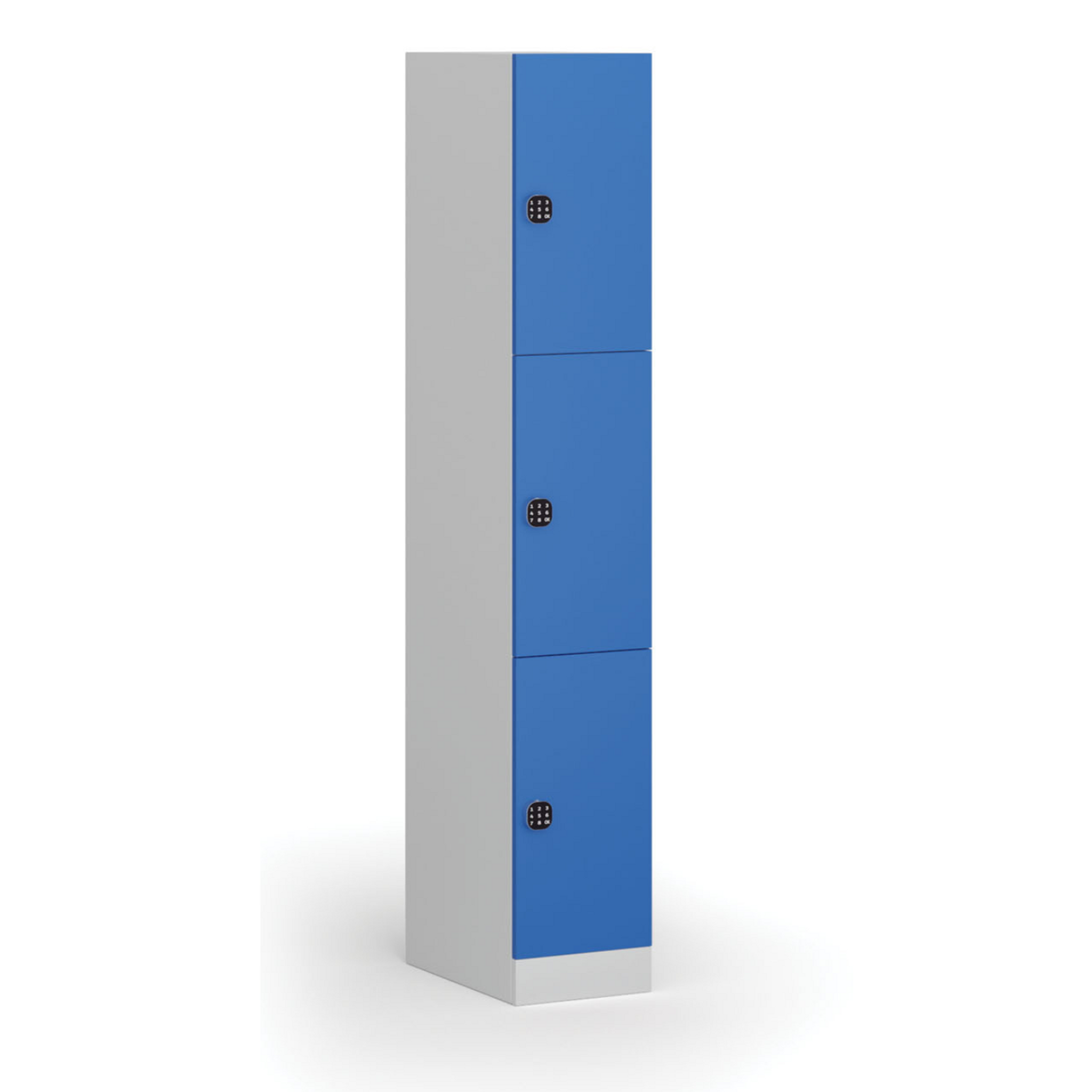 Šatníková skrinka S1 s úložnými boxmi, 3 boxy, 1850 x 300 x 500 mm, kódový zámok, modré dvere