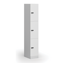 Šatníková skrinka S1 s úložnými boxmi, 3 boxy, 1850 x 300 x 500 mm, mechanický kódový zámok, laminované dvere, biela