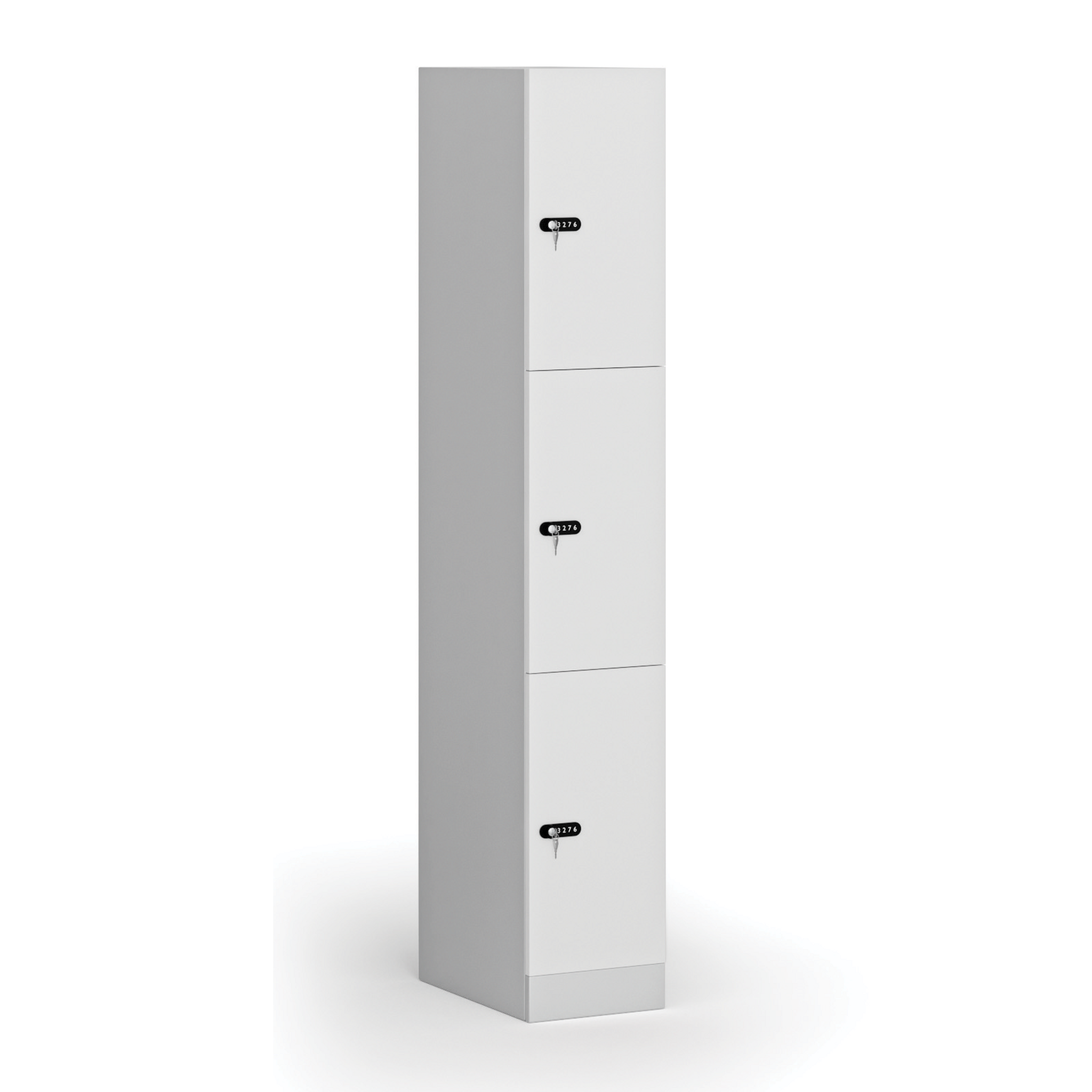 Šatníková skrinka S1 s úložnými boxmi, 3 boxy, 1850 x 300 x 500 mm, mechanický kódový zámok, laminované dvere, biela