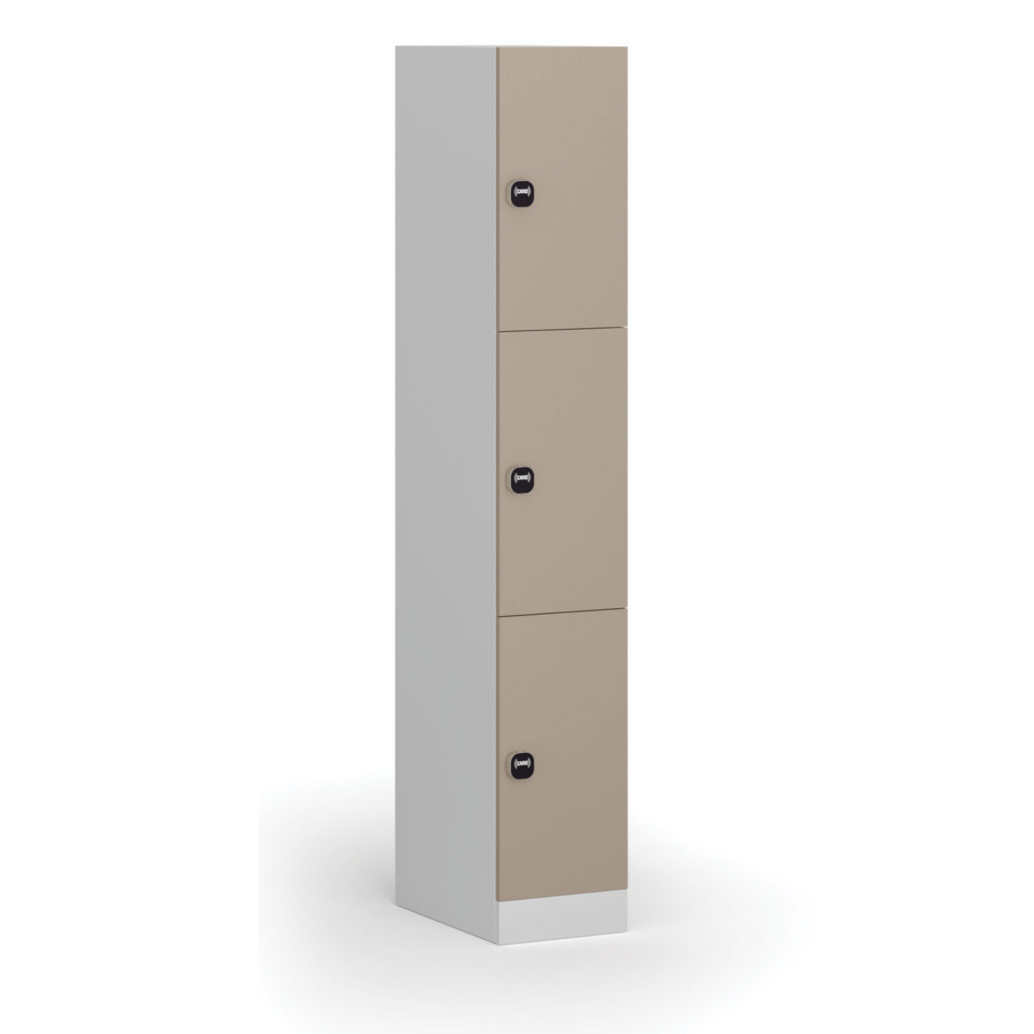 Šatníková skrinka S1 s úložnými boxmi, 3 boxy, 1850 x 300 x 500 mm, zámok s čítačkou RFID kariet, béžové dvere