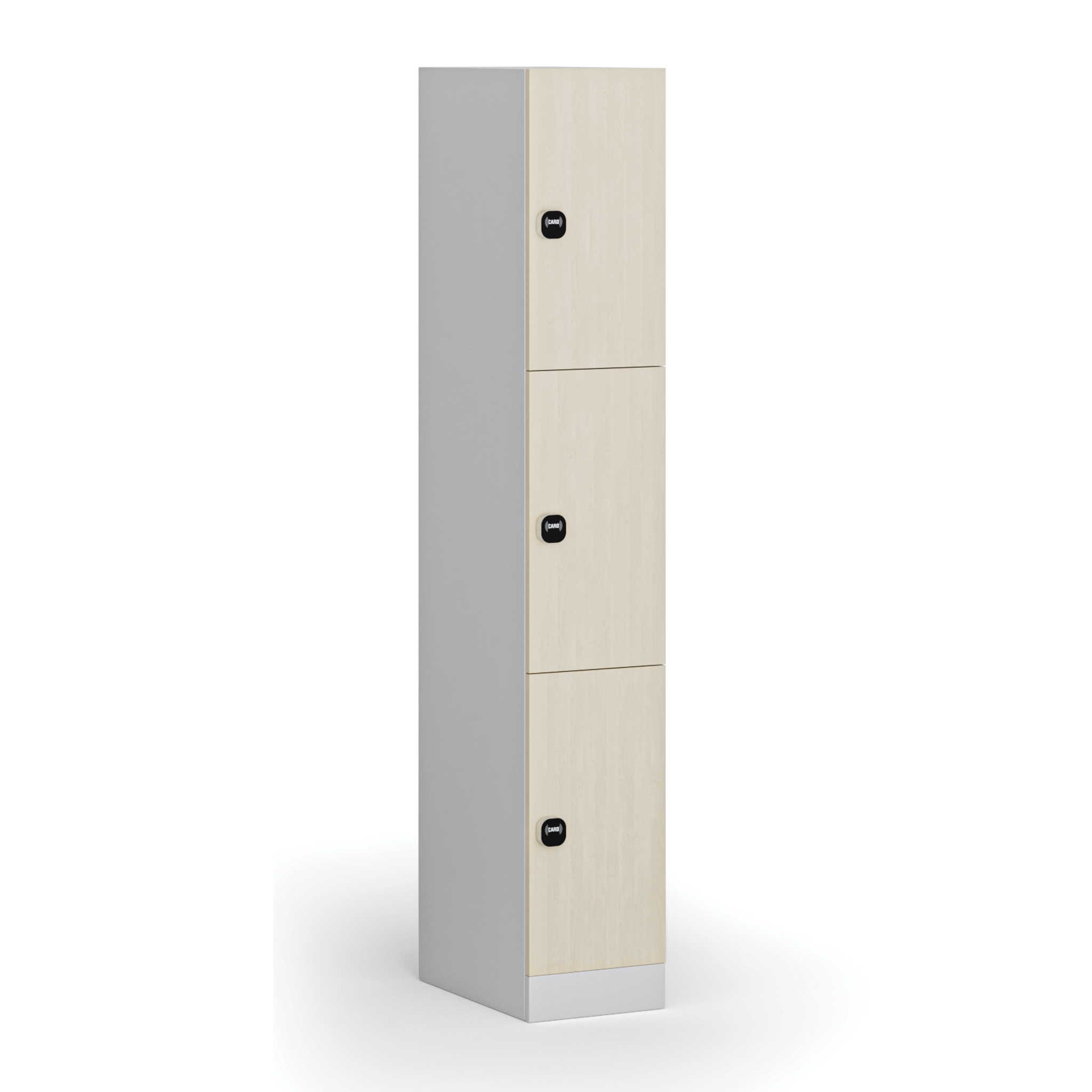 Šatníková skrinka S1 s úložnými boxmi, 3 boxy, 1850 x 300 x 500 mm, zámok s čítačkou RFID kariet, laminované dvere, breza