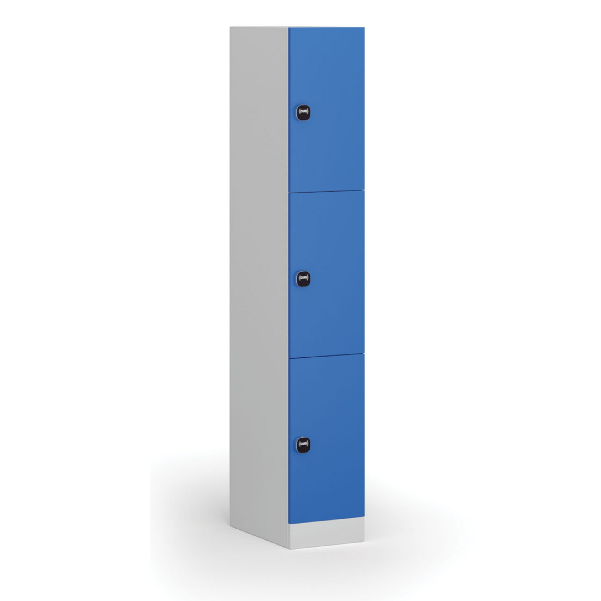 Šatníková skrinka S1 s úložnými boxmi, 3 boxy, 1850 x 300 x 500 mm, zámok s čítačkou RFID kariet, modré dvere