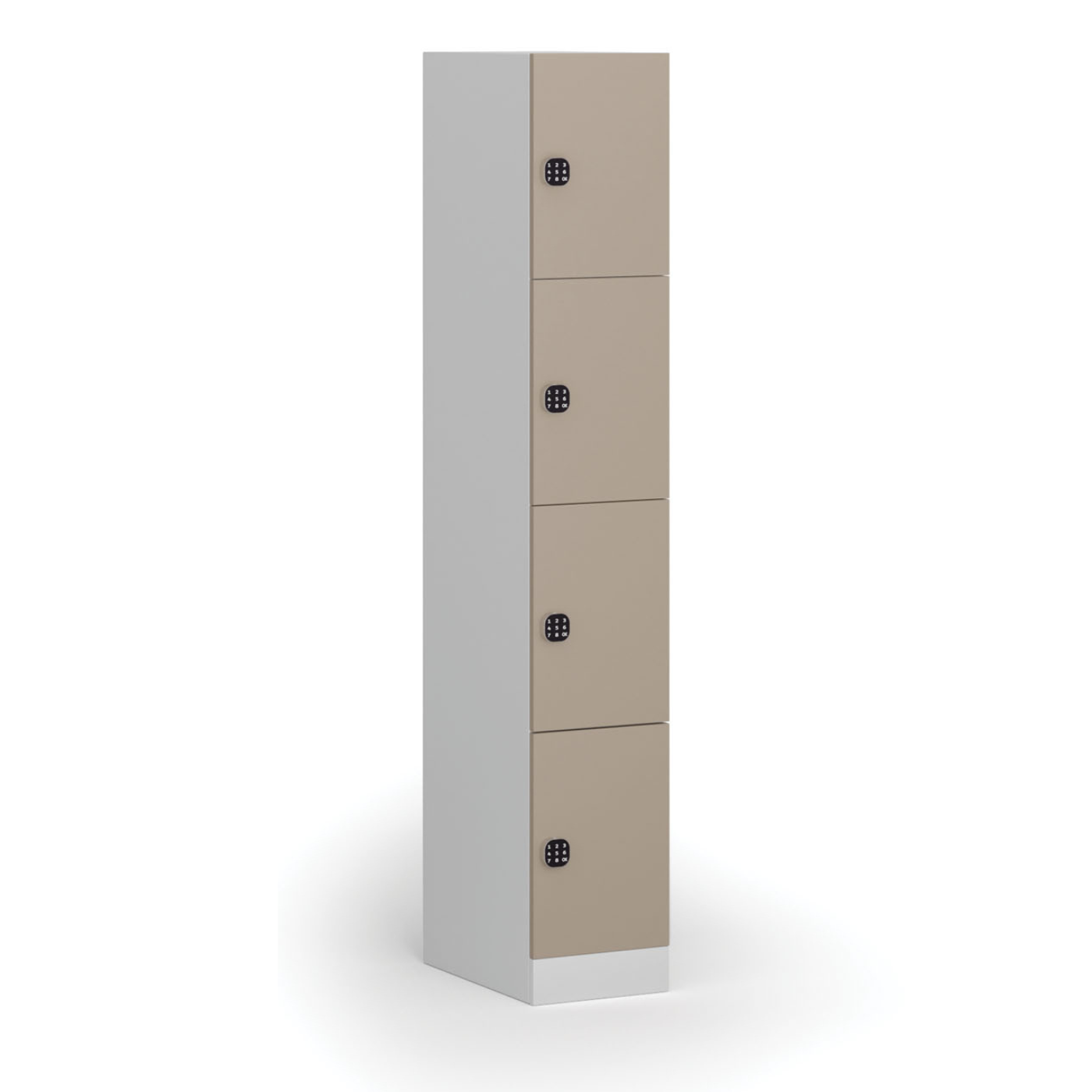 Fotografia produktu: Šatníková skrinka S1 s úložnými boxmi, 4 boxy, 1850 x 300 x 500 mm, demont, kódový zámok, béžové dvere