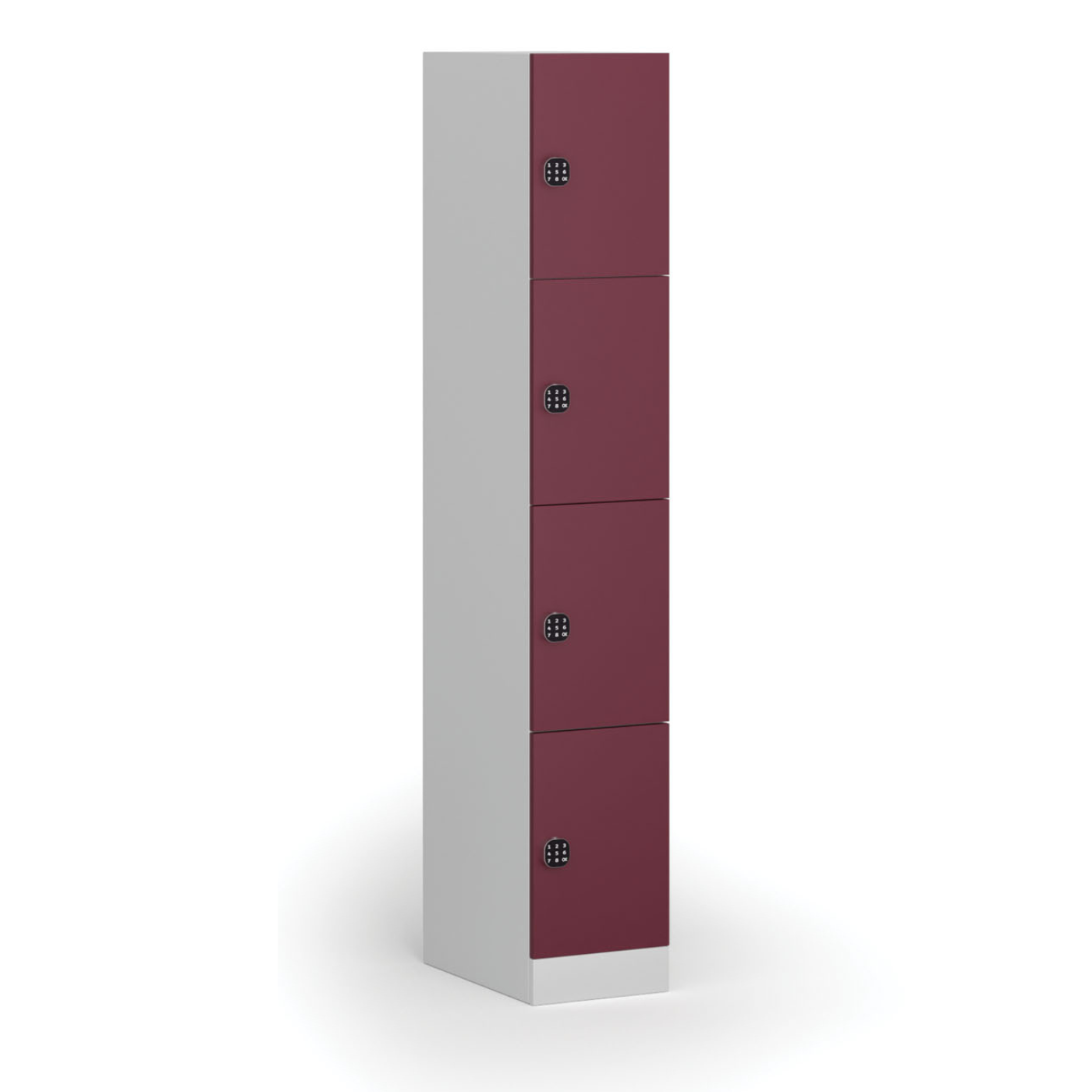 Fotografia produktu: Šatníková skrinka S1 s úložnými boxmi, 4 boxy, 1850 x 300 x 500 mm, demont, kódový zámok, červené dvere