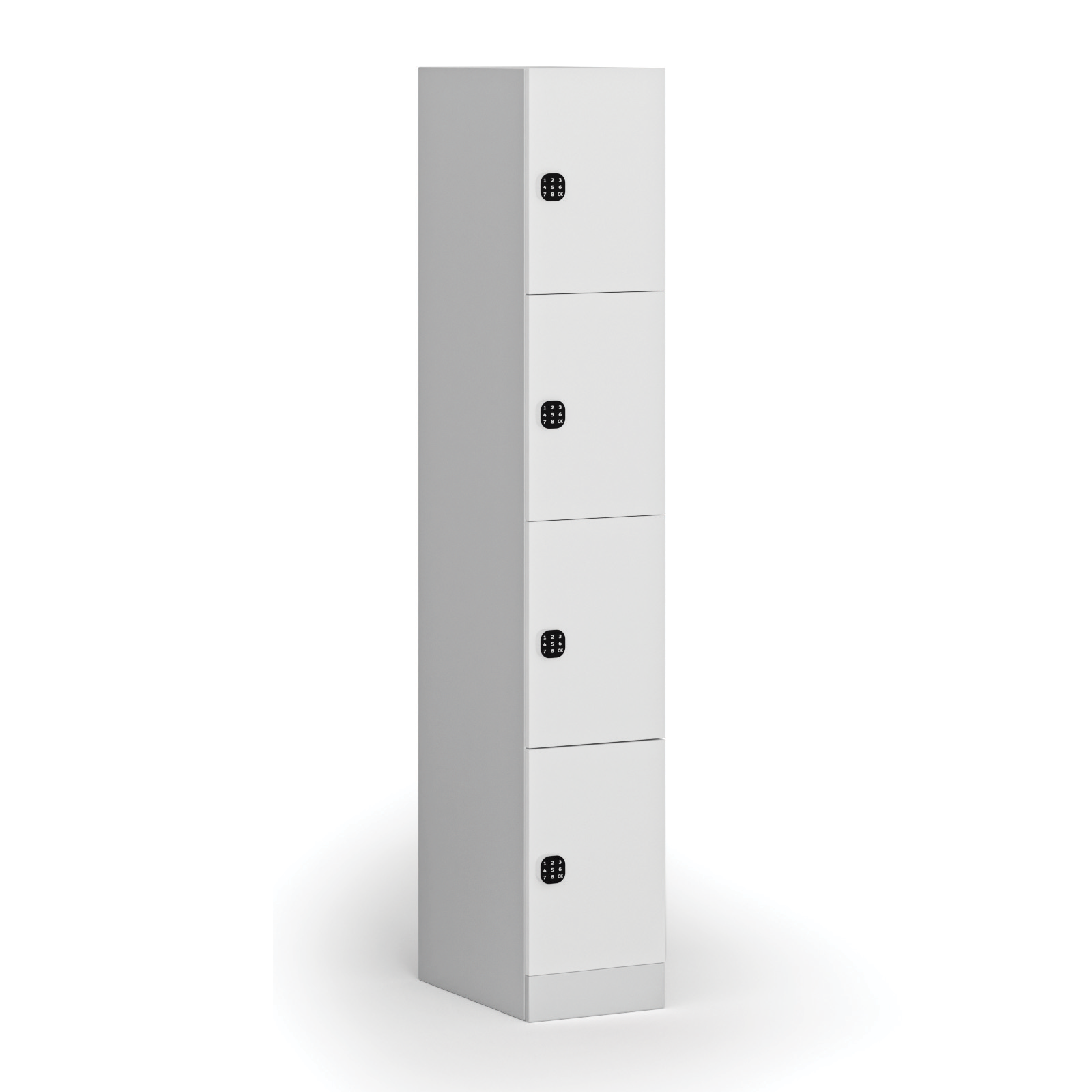 Fotografia produktu: Šatníková skrinka S1 s úložnými boxmi, 4 boxy, 1850 x 300 x 500 mm, demont, kódový zámok, laminované dvere, biela
