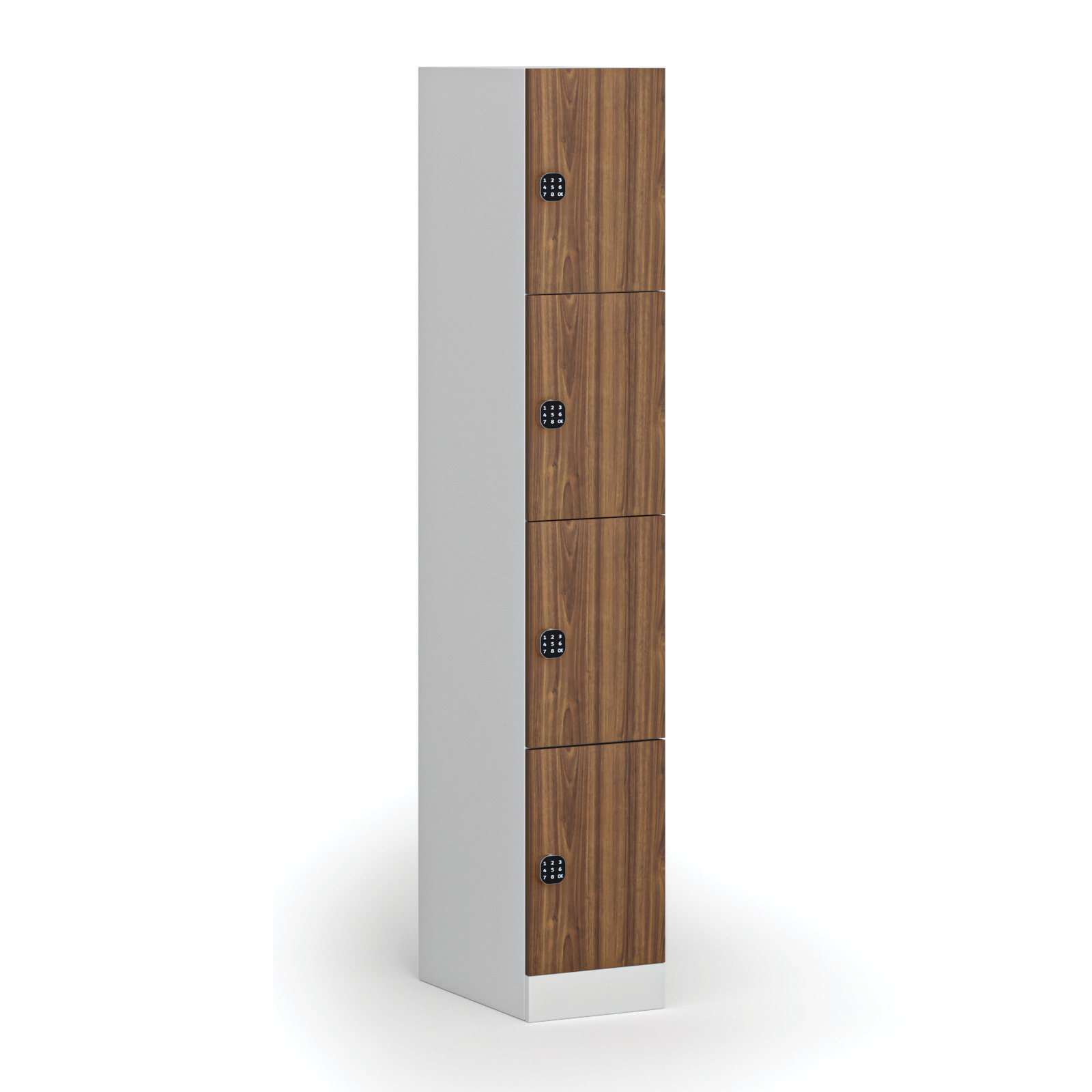 Fotografia produktu: Šatníková skrinka S1 s úložnými boxmi, 4 boxy, 1850 x 300 x 500 mm, demont, kódový zámok, laminované dvere, orech