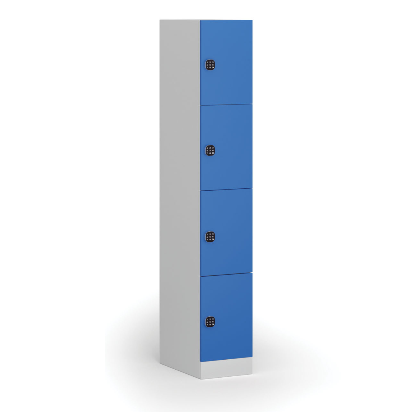 Fotografia produktu: Šatníková skrinka S1 s úložnými boxmi, 4 boxy, 1850 x 300 x 500 mm, demont, kódový zámok, modré dvere