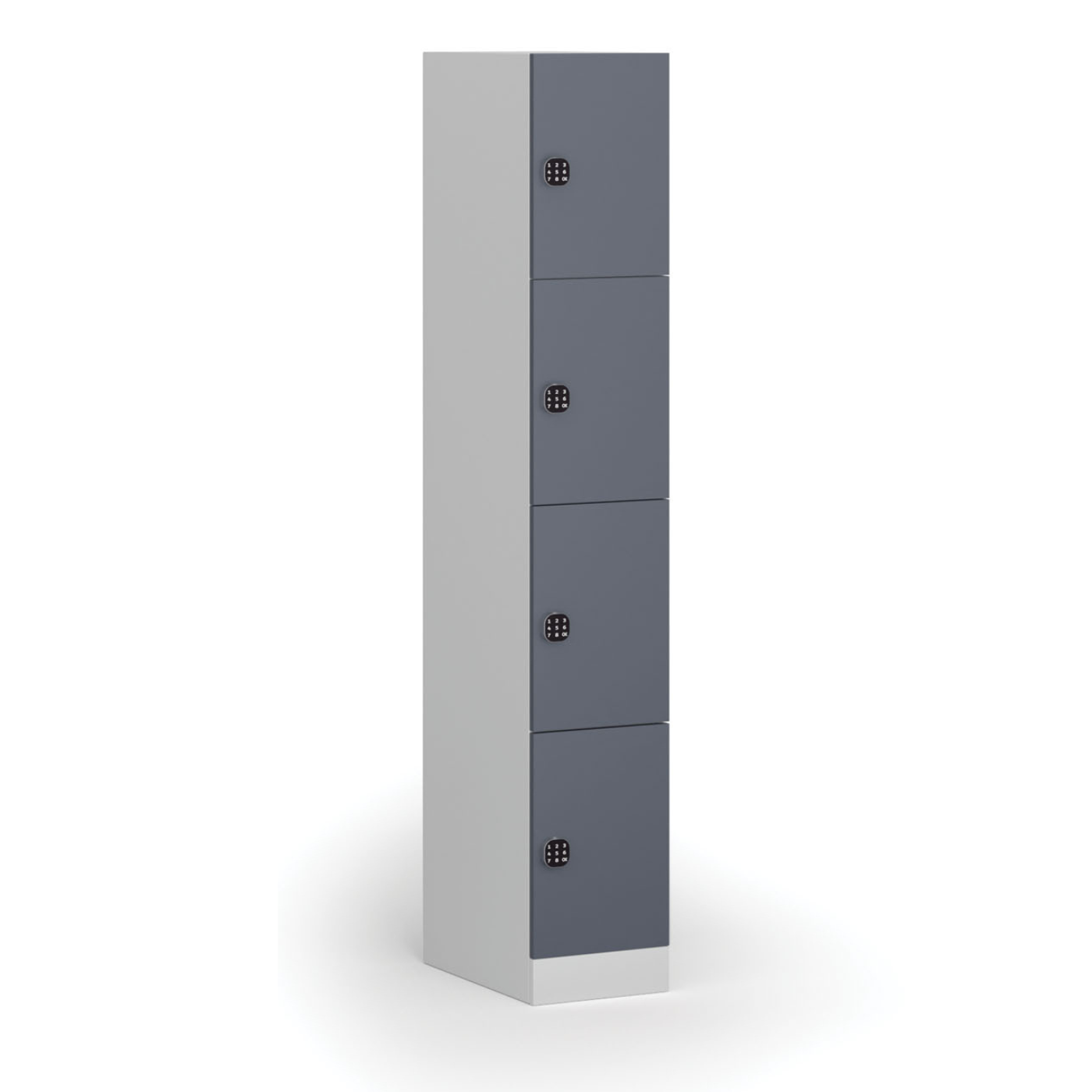 Fotografia produktu: Šatníková skrinka S1 s úložnými boxmi, 4 boxy, 1850 x 300 x 500 mm, demont, kódový zámok, tmavosivé dvere