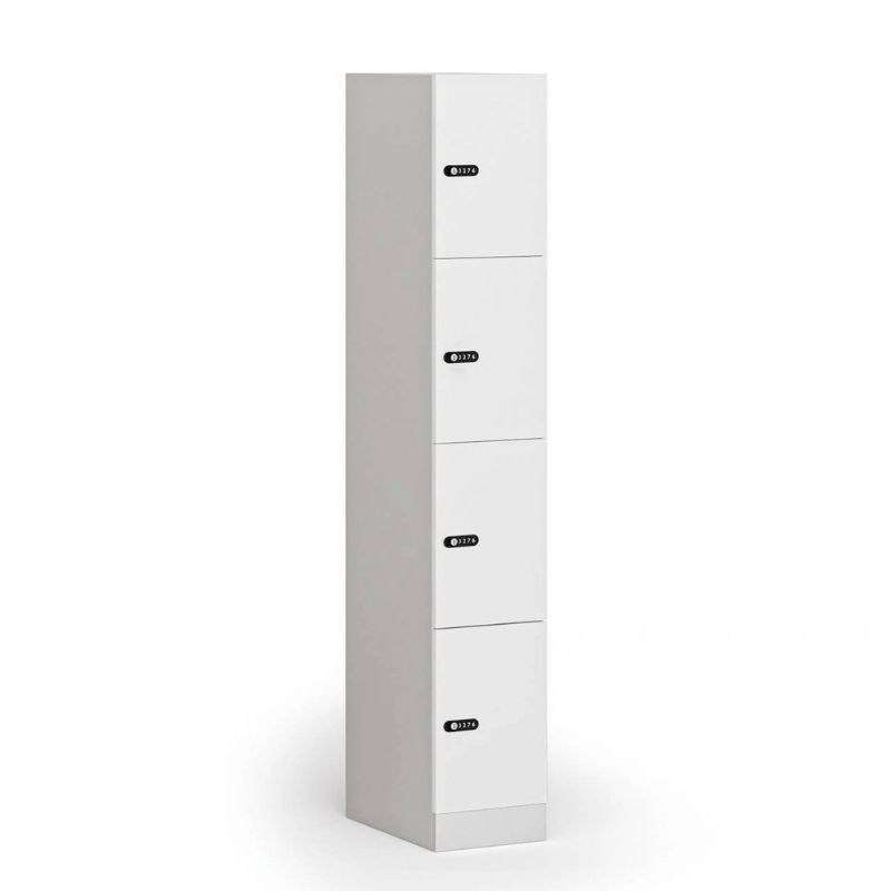 Fotografia produktu: Šatníková skrinka S1 s úložnými boxmi, 4 boxy, 1850 x 300 x 500 mm, demont, mechanický kódový zámok, laminované dvere, biela