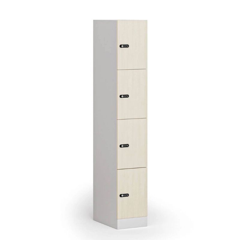 Fotografia produktu: Šatníková skrinka S1 s úložnými boxmi, 4 boxy, 1850 x 300 x 500 mm, demont, mechanický kódový zámok, laminované dvere, breza