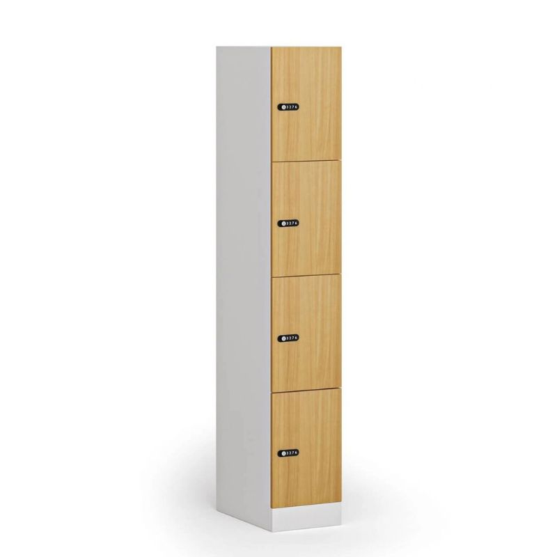 Fotografia produktu: Šatníková skrinka S1 s úložnými boxmi, 4 boxy, 1850 x 300 x 500 mm, demont, mechanický kódový zámok, laminované dvere, buk