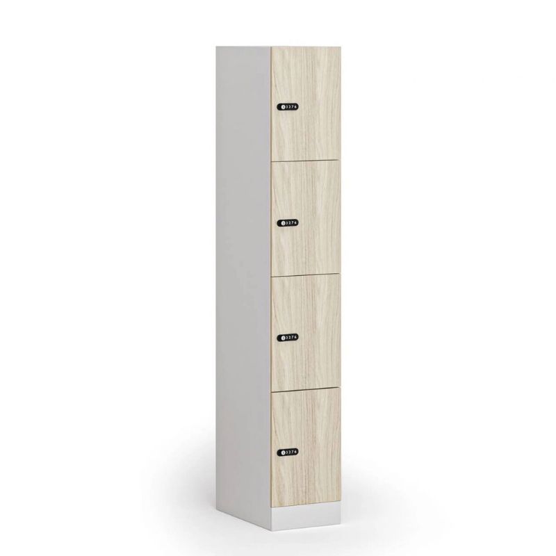 Fotografia produktu: Šatníková skrinka S1 s úložnými boxmi, 4 boxy, 1850 x 300 x 500 mm, demont, mechanický kódový zámok, laminované dvere, dub prírodný