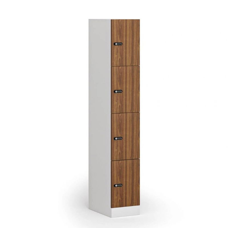 Fotografia produktu: Šatníková skrinka S1 s úložnými boxmi, 4 boxy, 1850 x 300 x 500 mm, demont, mechanický kódový zámok, laminované dvere, orech