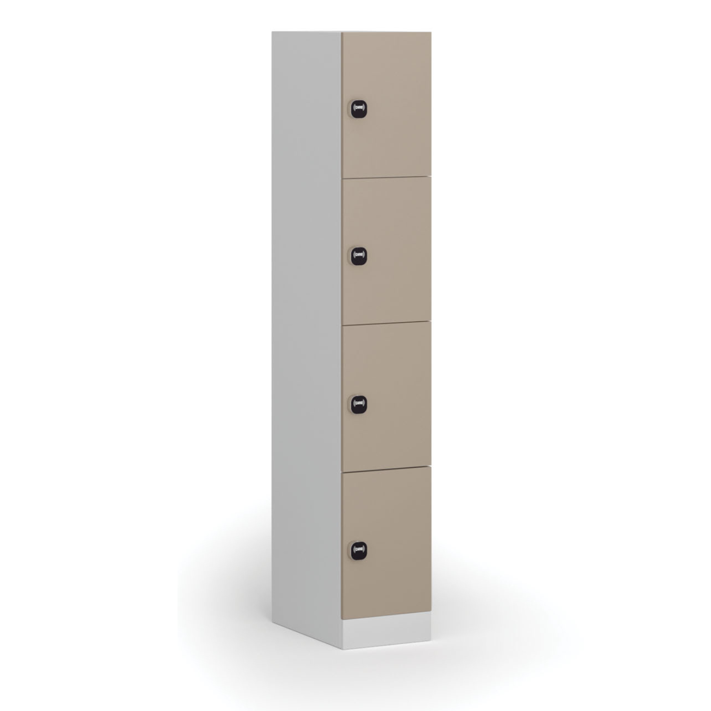 Fotografia produktu: Šatníková skrinka S1 s úložnými boxmi, 4 boxy, 1850 x 300 x 500 mm, demont, zámok s čítačkou RFID kariet, béžové dvere
