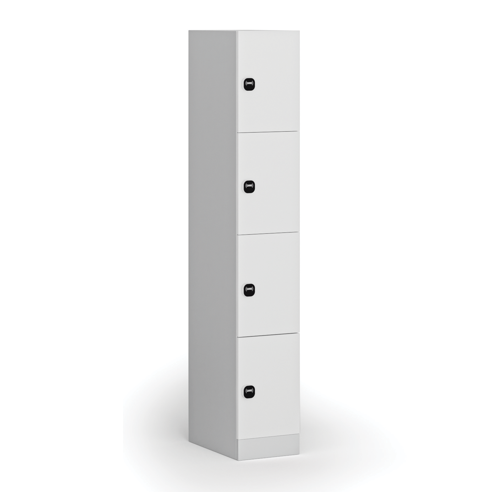 Fotografia produktu: Šatníková skrinka S1 s úložnými boxmi, 4 boxy, 1850 x 300 x 500 mm, demont, zámok s čítačkou RFID kariet, laminované dvere, biela