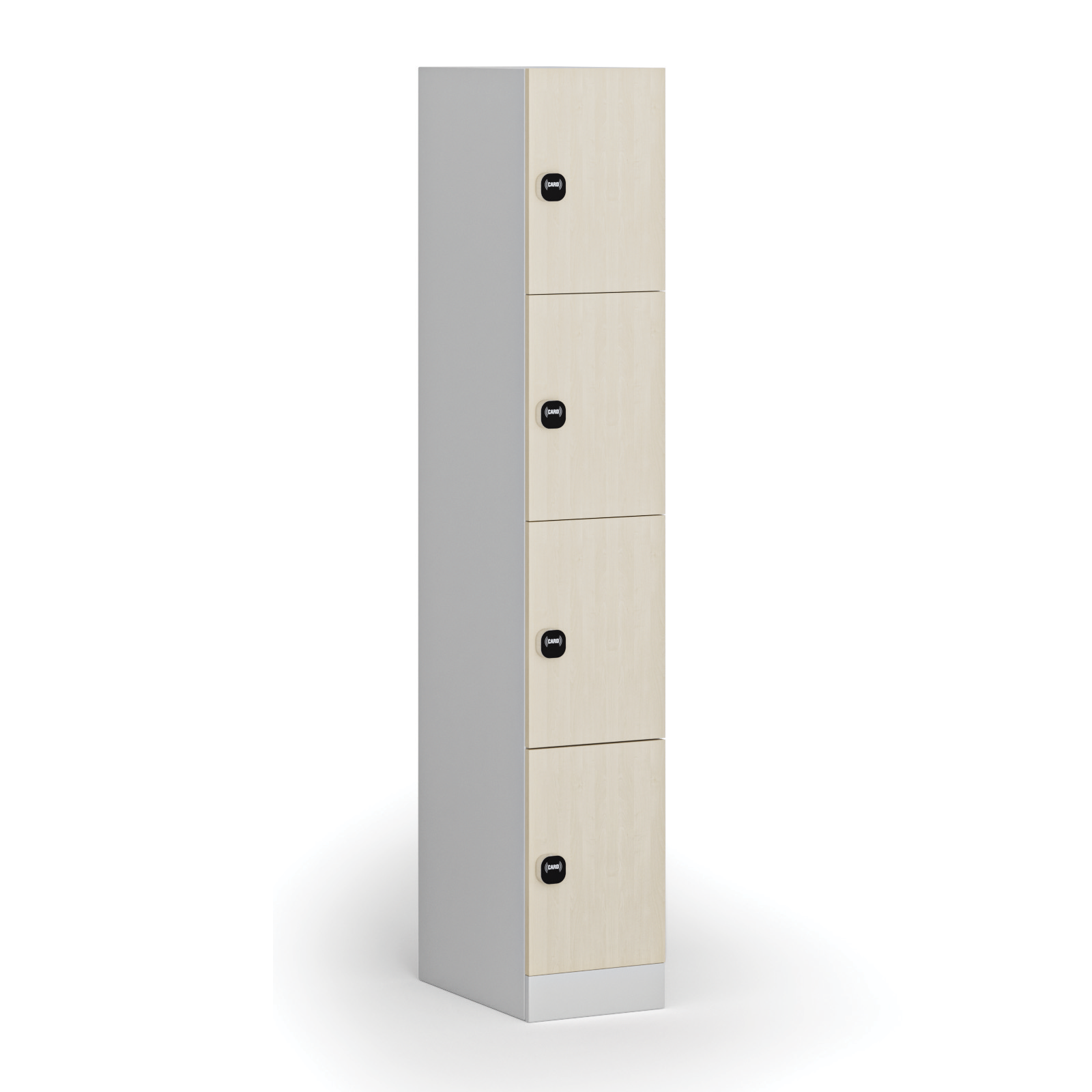 Fotografia produktu: Šatníková skrinka S1 s úložnými boxmi, 4 boxy, 1850 x 300 x 500 mm, demont, zámok s čítačkou RFID kariet, laminované dvere, breza