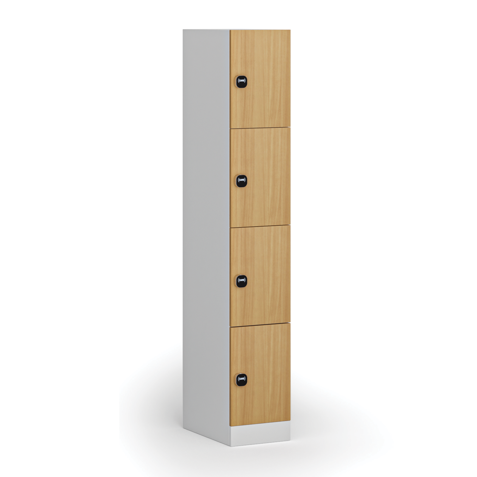 Fotografia produktu: Šatníková skrinka S1 s úložnými boxmi, 4 boxy, 1850 x 300 x 500 mm, demont, zámok s čítačkou RFID kariet, laminované dvere, buk