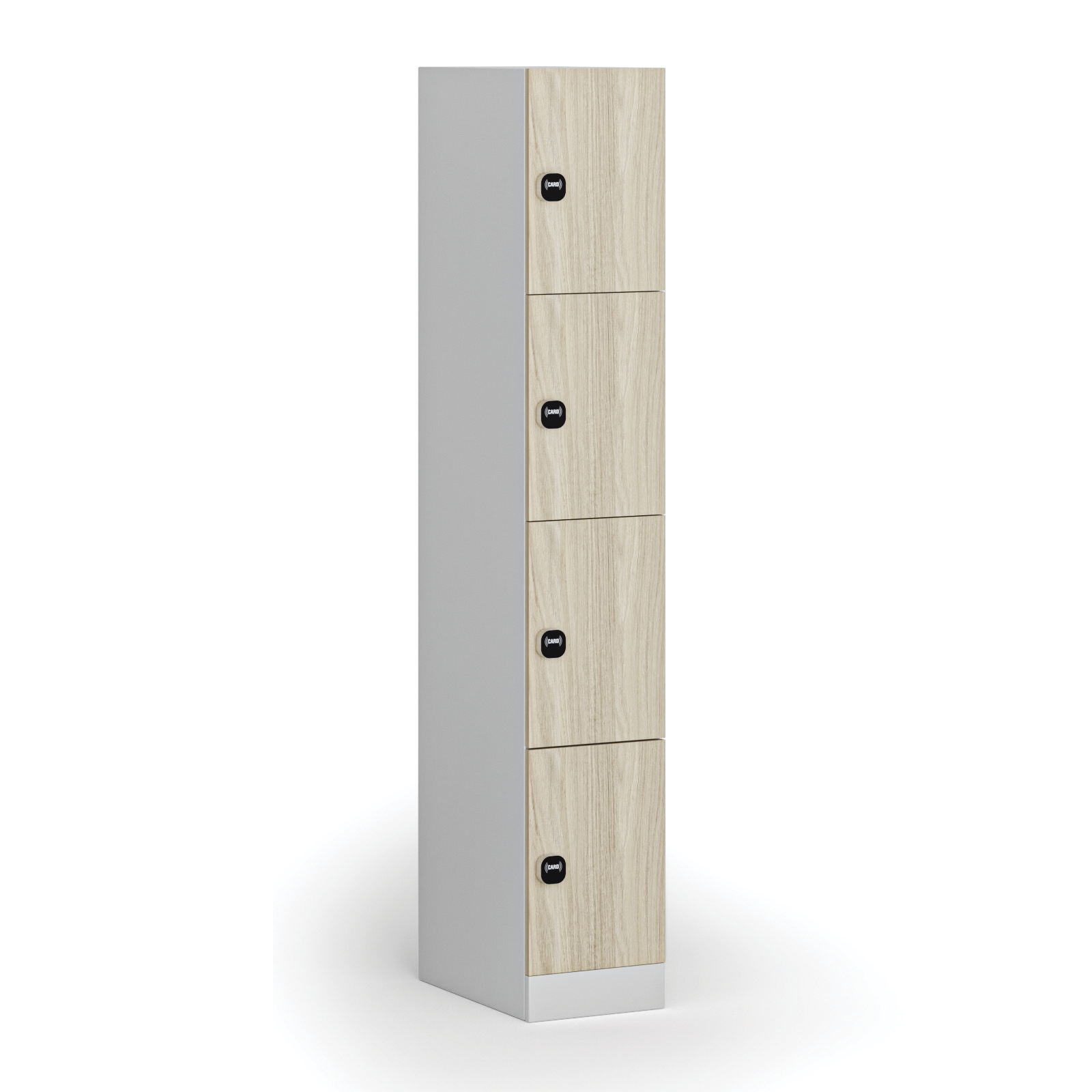 Fotografia produktu: Šatníková skrinka S1 s úložnými boxmi, 4 boxy, 1850 x 300 x 500 mm, demont, zámok s čítačkou RFID kariet, laminované dvere, dub prírodný