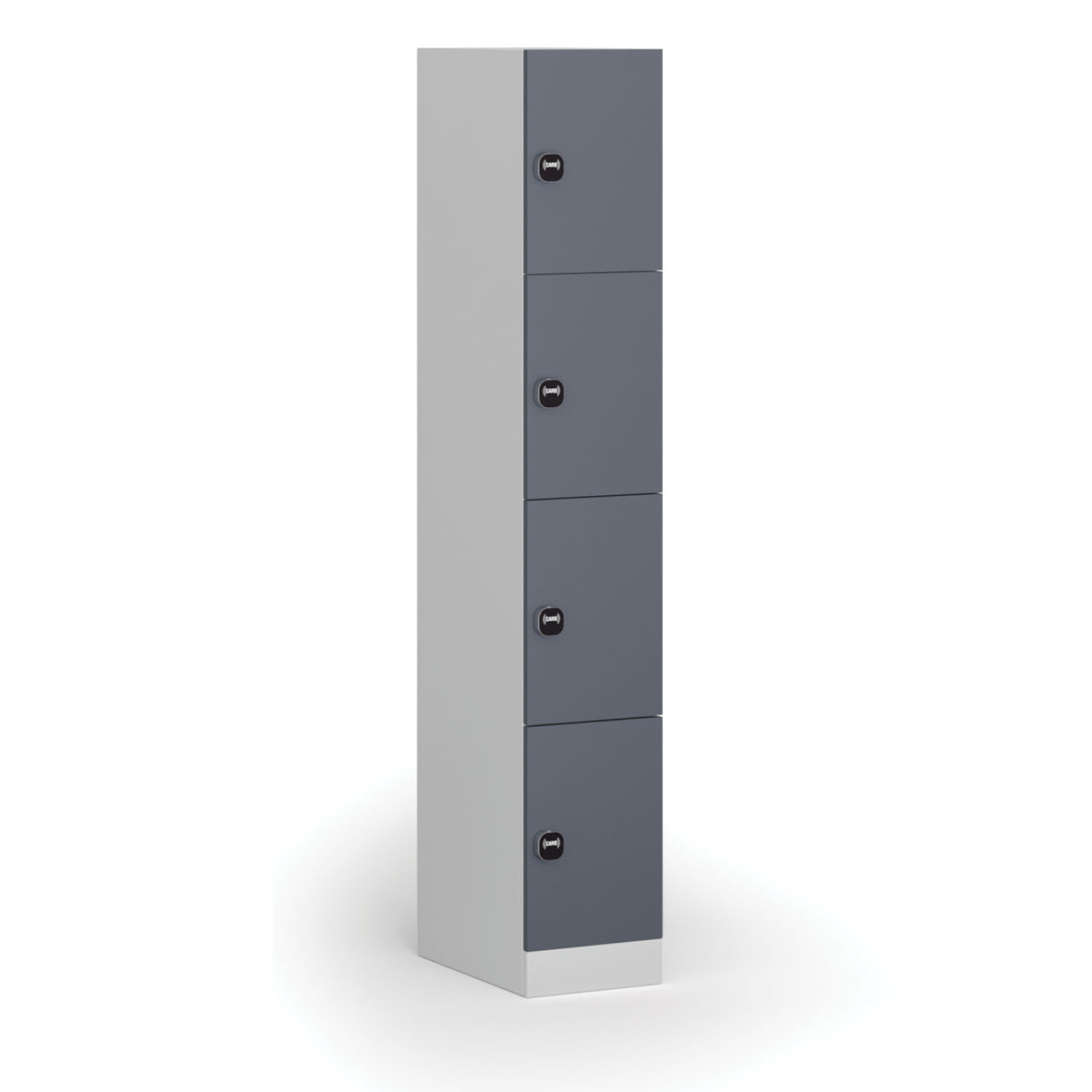 Fotografia produktu: Šatníková skrinka S1 s úložnými boxmi, 4 boxy, 1850 x 300 x 500 mm, demont, zámok s čítačkou RFID kariet, tmavosivé dvere