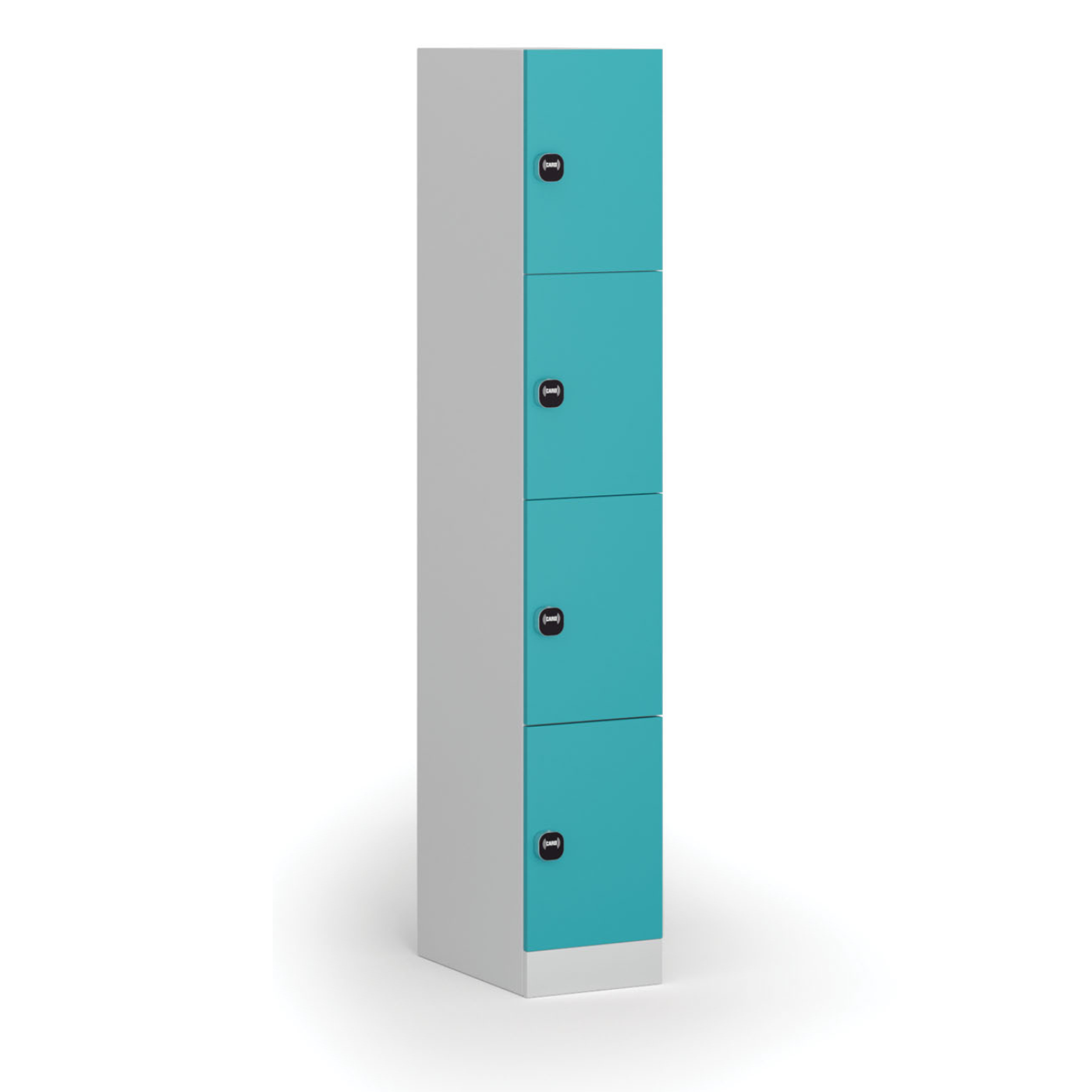 Fotografia produktu: Šatníková skrinka S1 s úložnými boxmi, 4 boxy, 1850 x 300 x 500 mm, demont, zámok s čítačkou RFID kariet, zelené dvere