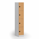 Šatníková skrinka S1 s úložnými boxmi, 4 boxy, 1850 x 300 x 500 mm, kódový zámok, laminované dvere, buk