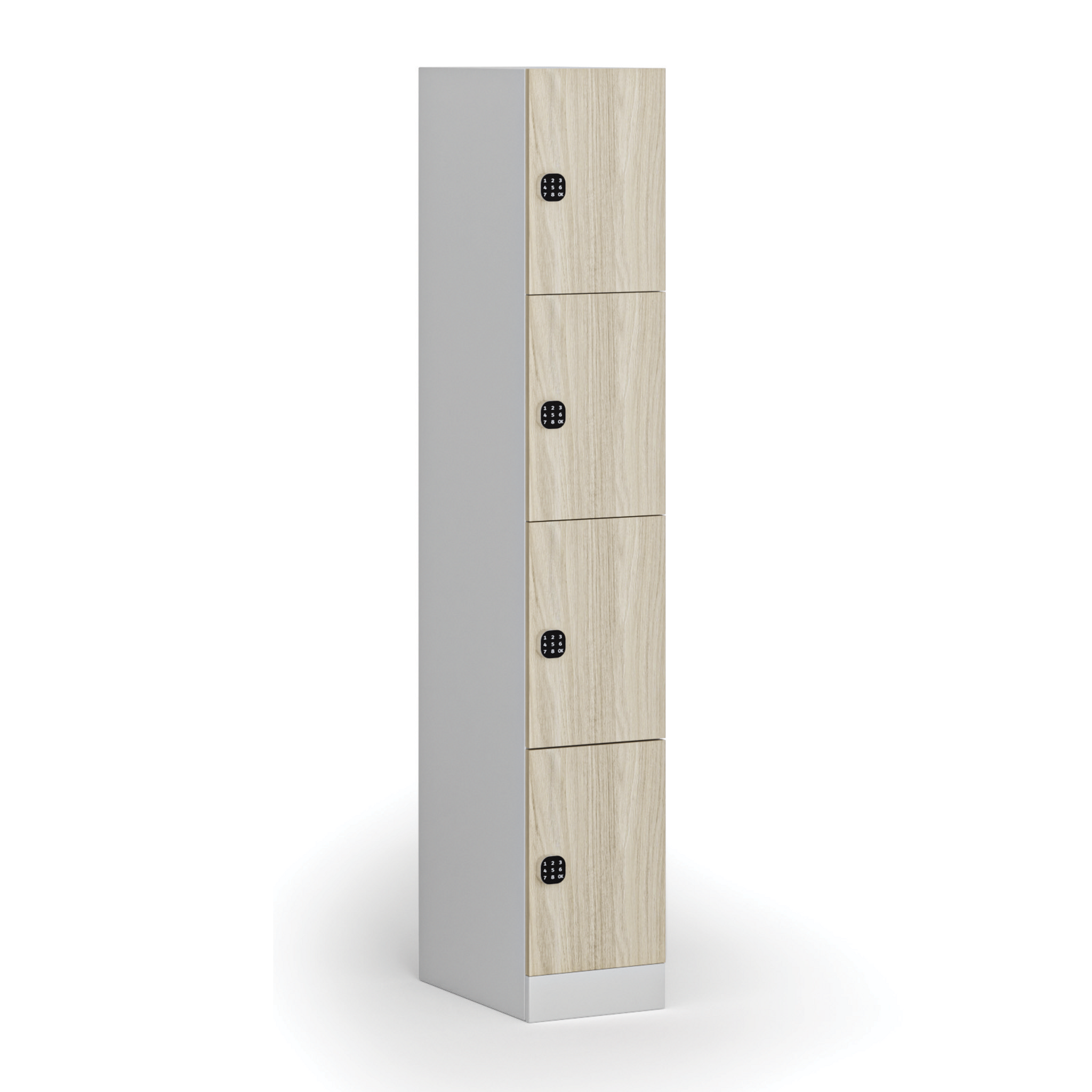 Šatníková skrinka S1 s úložnými boxmi, 4 boxy, 1850 x 300 x 500 mm, kódový zámok, laminované dvere, dub prírodný