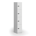 Šatníková skrinka S1 s úložnými boxmi, 4 boxy, 1850 x 300 x 500 mm, mechanický kódový zámok, laminované dvere, biela