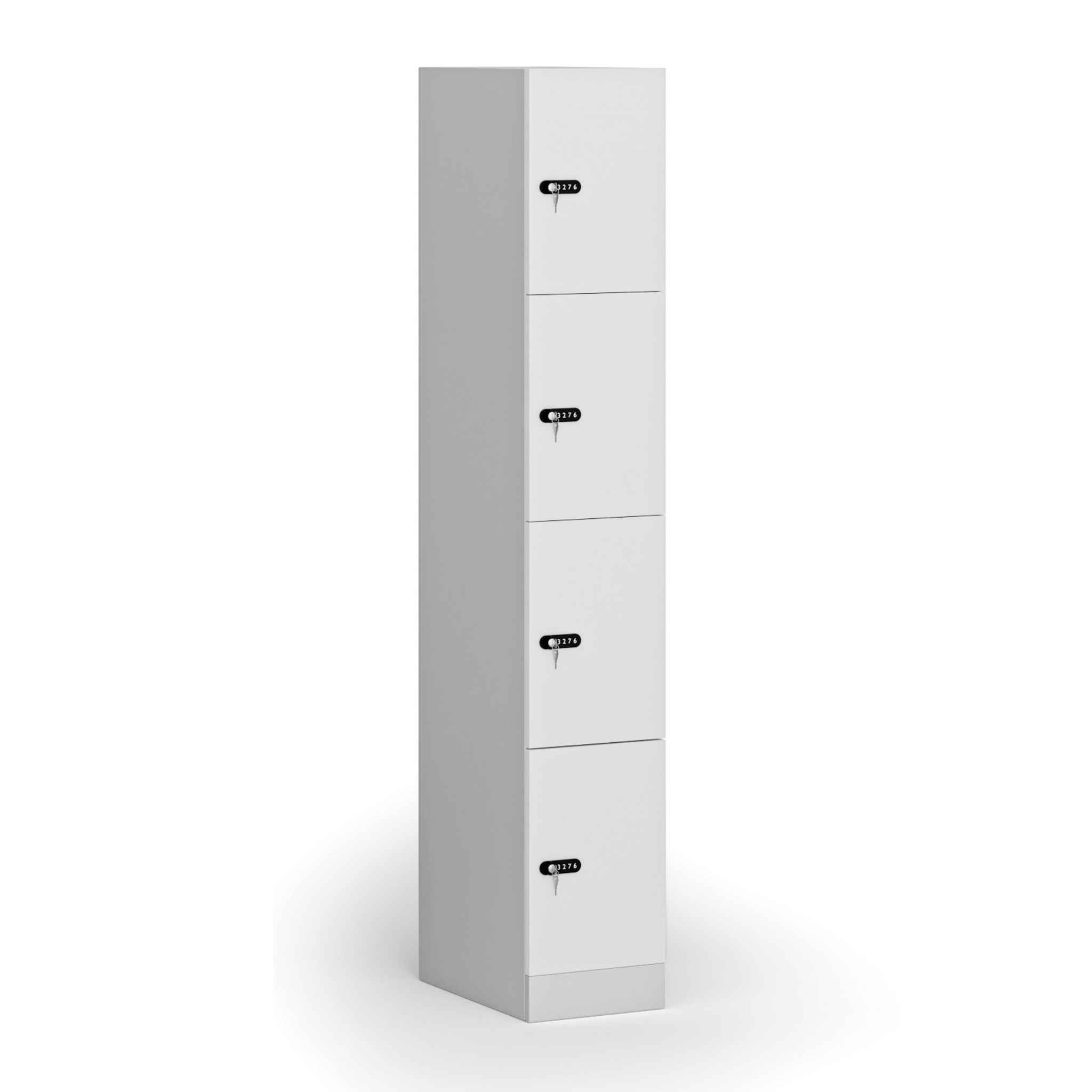 Šatníková skrinka S1 s úložnými boxmi, 4 boxy, 1850 x 300 x 500 mm, mechanický kódový zámok, laminované dvere, biela