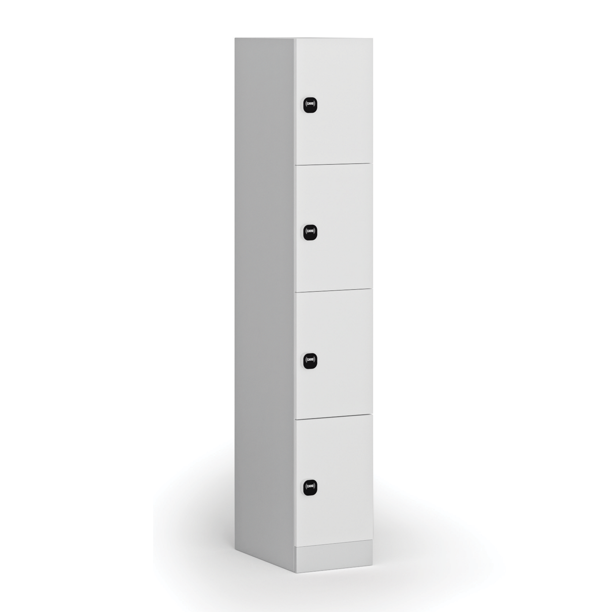 Šatníková skrinka S1 s úložnými boxmi, 4 boxy, 1850 x 300 x 500 mm, zámok s čítačkou RFID kariet, laminované dvere, biela