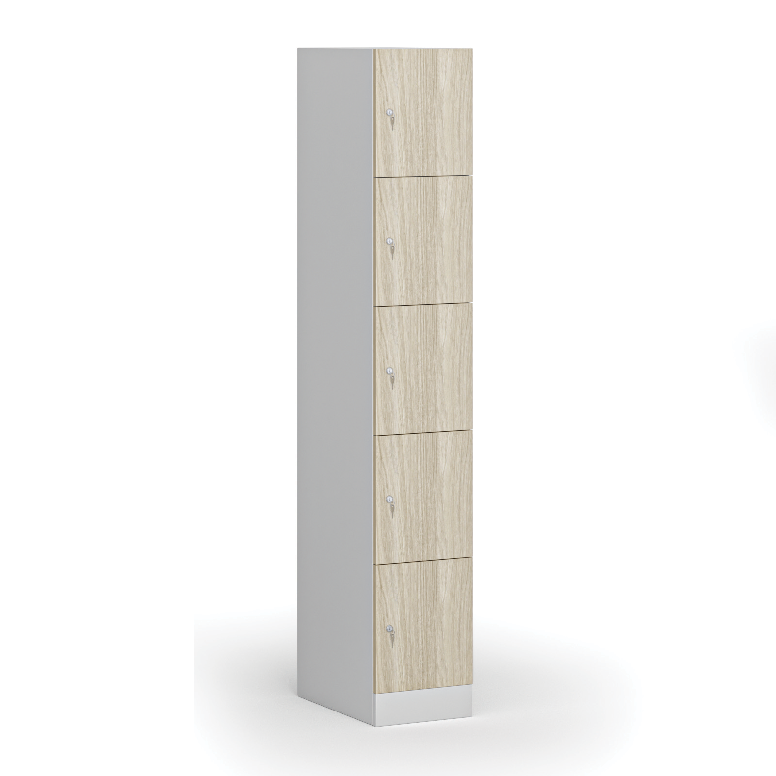 Fotografia produktu: Šatníková skrinka S1 s úložnými boxmi, 5 boxov, 1850 x 300 x 500 mm, cylindrický zámok, laminované dvere, dub prírodný