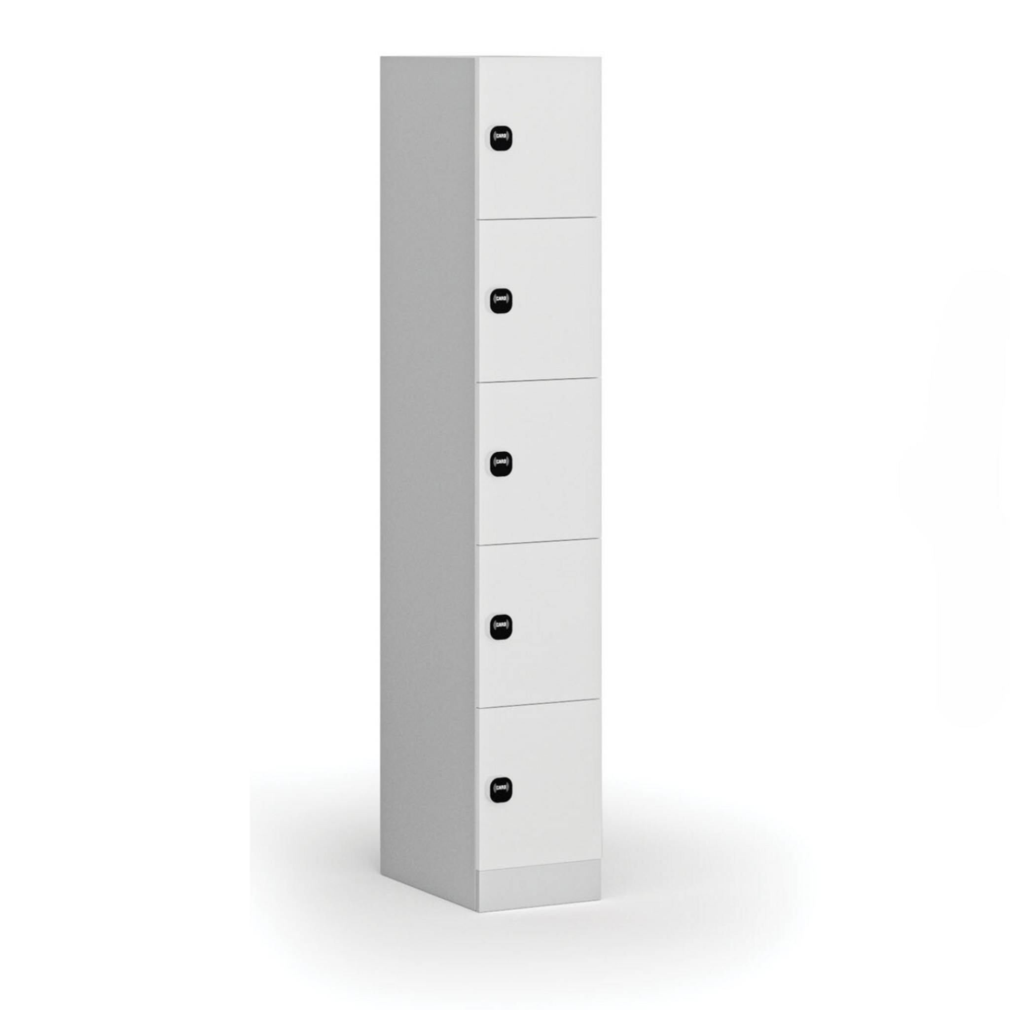 Šatníková skrinka S1 s úložnými boxmi, 5 boxov, 1850 x 300 x 500 mm, demont, zámok s čítačkou RFID kariet, laminované dvere, biela