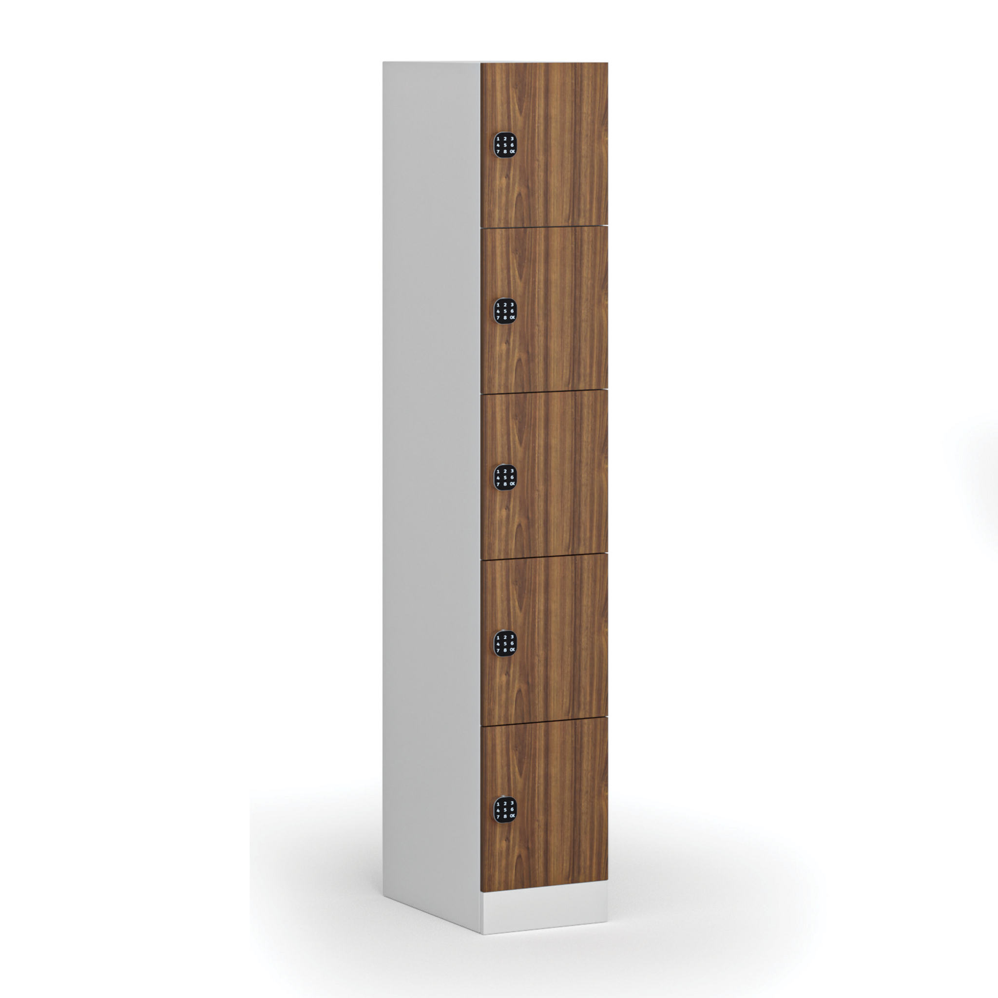 Šatníková skrinka S1 s úložnými boxmi, 5 boxov, 1850 x 300 x 500 mm, kódový zámok, laminované dvere, orech