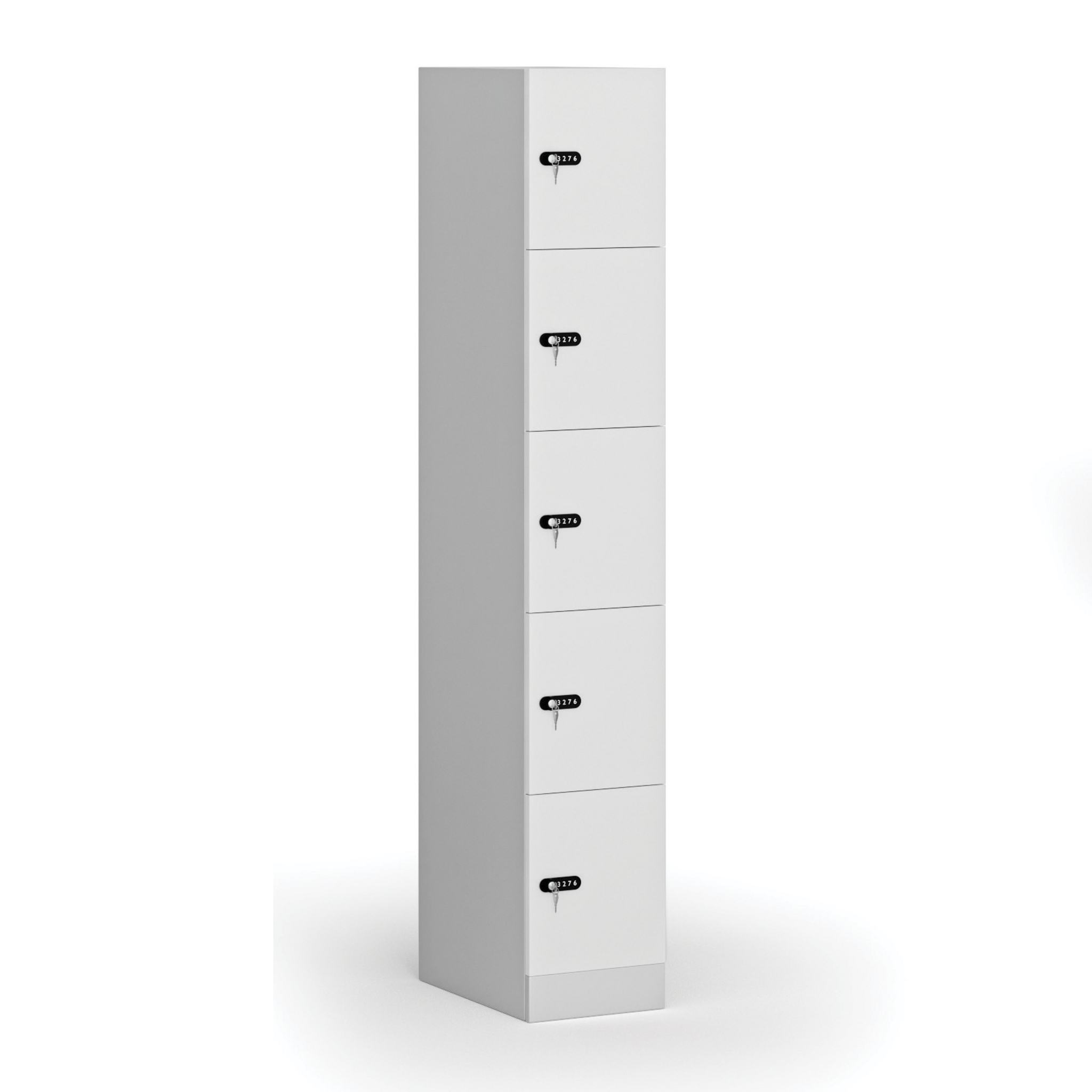 Šatníková skrinka S1 s úložnými boxmi, 5 boxov, 1850 x 300 x 500 mm, mechanický kódový zámok, laminované dvere, biela