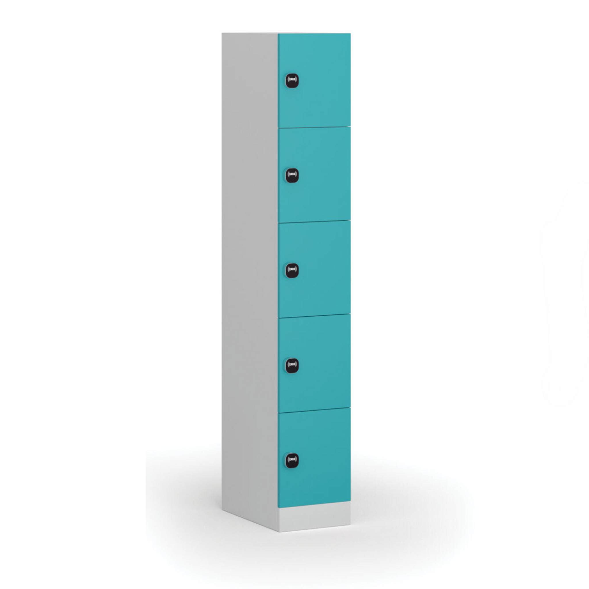 Šatníková skrinka S1 s úložnými boxmi, 5 boxov, 1850 x 300 x 500 mm, zámok s čítačkou RFID kariet, zelené dvere