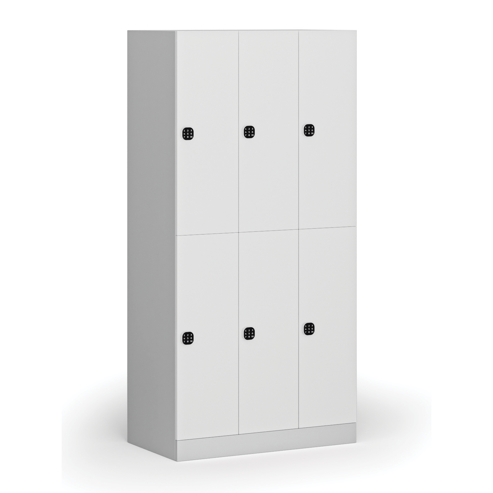 Fotografia produktu: Šatníková skrinka S1 s úložnými boxmi, 6 boxov, 1850 x 900 x 500 mm, kódový zámok, laminované dvere, biela