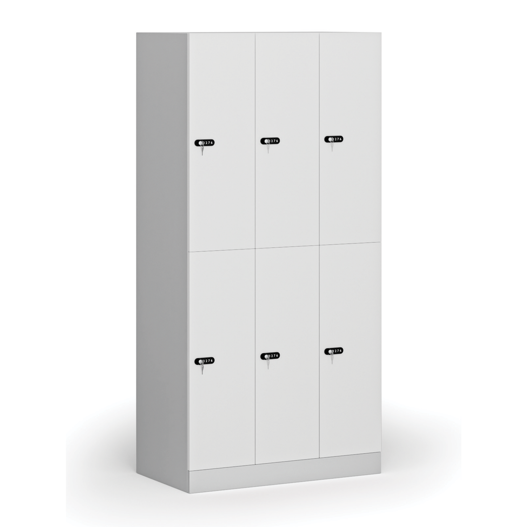 Šatníková skrinka S1 s úložnými boxmi, 6 boxov, 1850 x 900 x 500 mm, mechanický kódový zámok, laminované dvere, biela