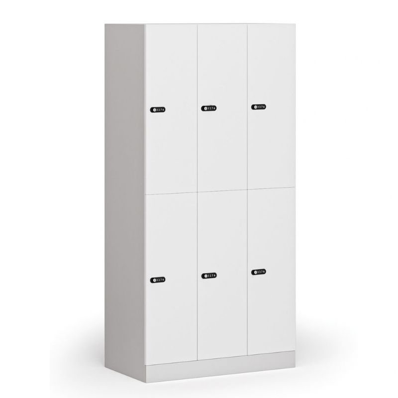 Fotografia produktu: Šatníková skrinka S1 s úložnými boxmi, 6 boxov, 1850 x 900 x 500 mm, mechanický kódový zámok, laminované dvere, biela