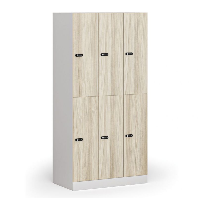 Fotografia produktu: Šatníková skrinka S1 s úložnými boxmi, 6 boxov, 1850 x 900 x 500 mm, mechanický kódový zámok, laminované dvere, dub prírodný