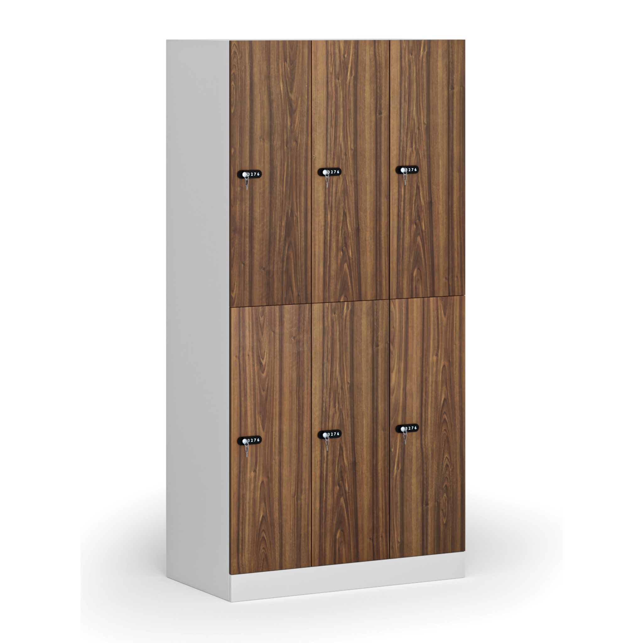 Šatníková skrinka S1 s úložnými boxmi, 6 boxov, 1850 x 900 x 500 mm, mechanický kódový zámok, laminované dvere, orech
