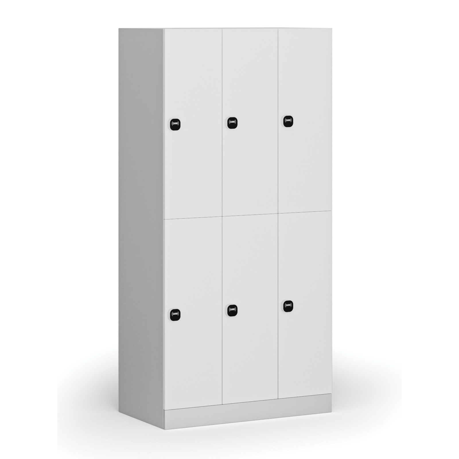 Fotografia produktu: Šatníková skrinka S1 s úložnými boxmi, 6 boxov, 1850 x 900 x 500 mm, zámok s čítačkou RFID kariet, laminované dvere, biela