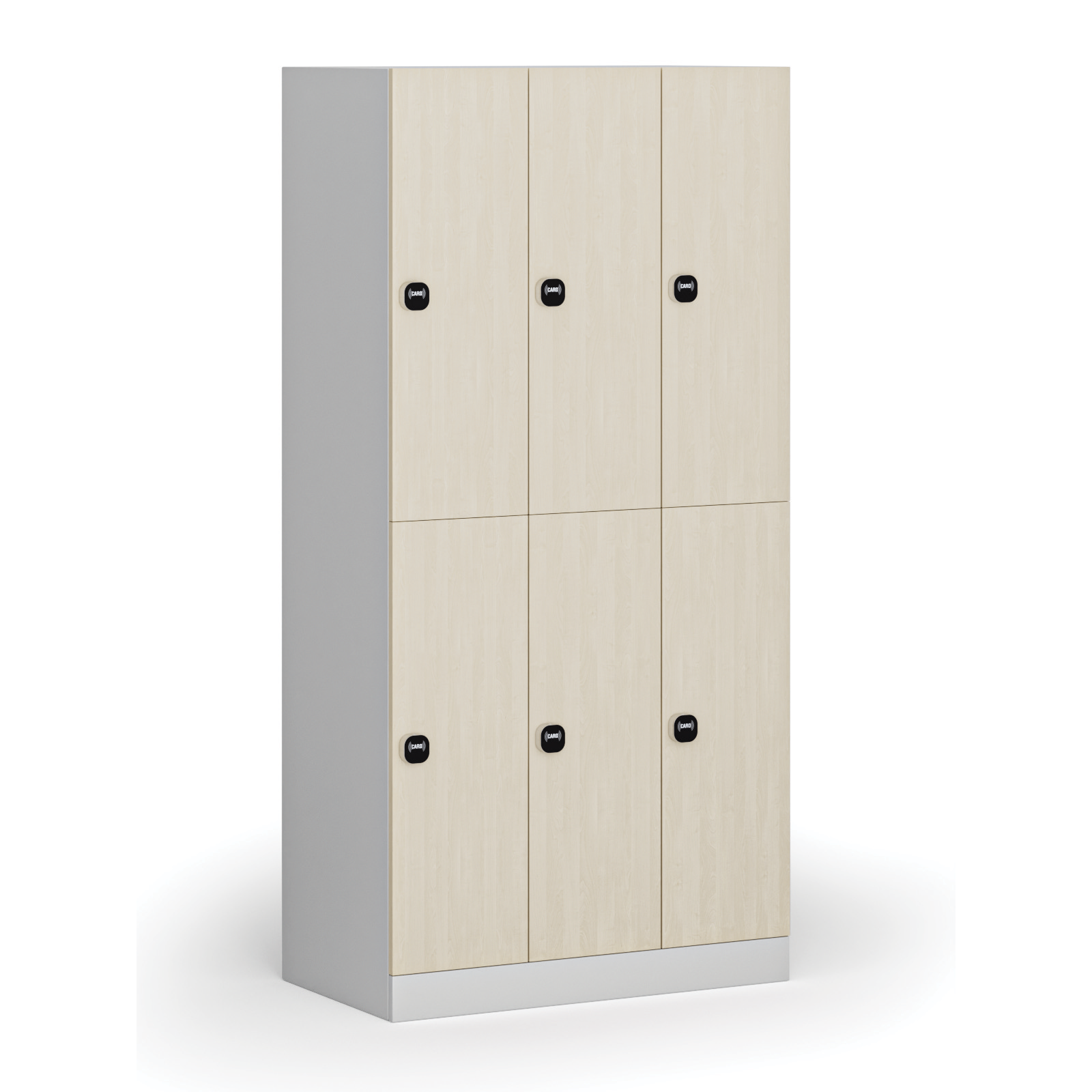 Fotografia produktu: Šatníková skrinka S1 s úložnými boxmi, 6 boxov, 1850 x 900 x 500 mm, zámok s čítačkou RFID kariet, laminované dvere, breza